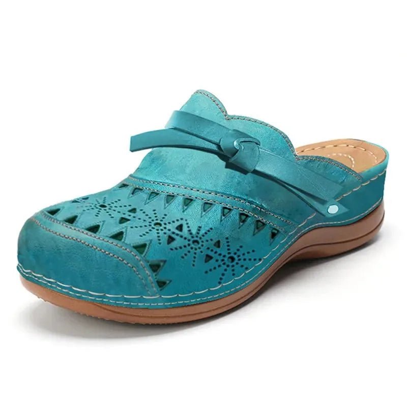 Thea | Stylish Perforated Bow - Tie Comfort Clogs - Turquoise - 2