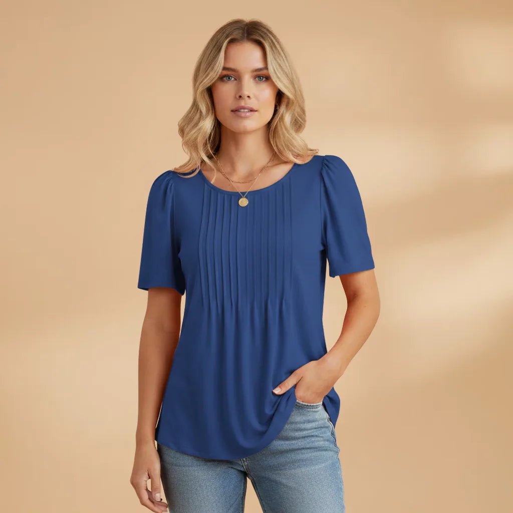 Vivienne | Elegant Women's T-Shirt with Pintuck Detail - Navy Blue - 7