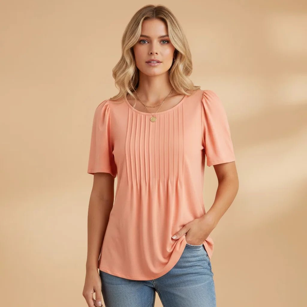 Vivienne | Elegant Women's T-Shirt with Pintuck Detail - Peach - 9