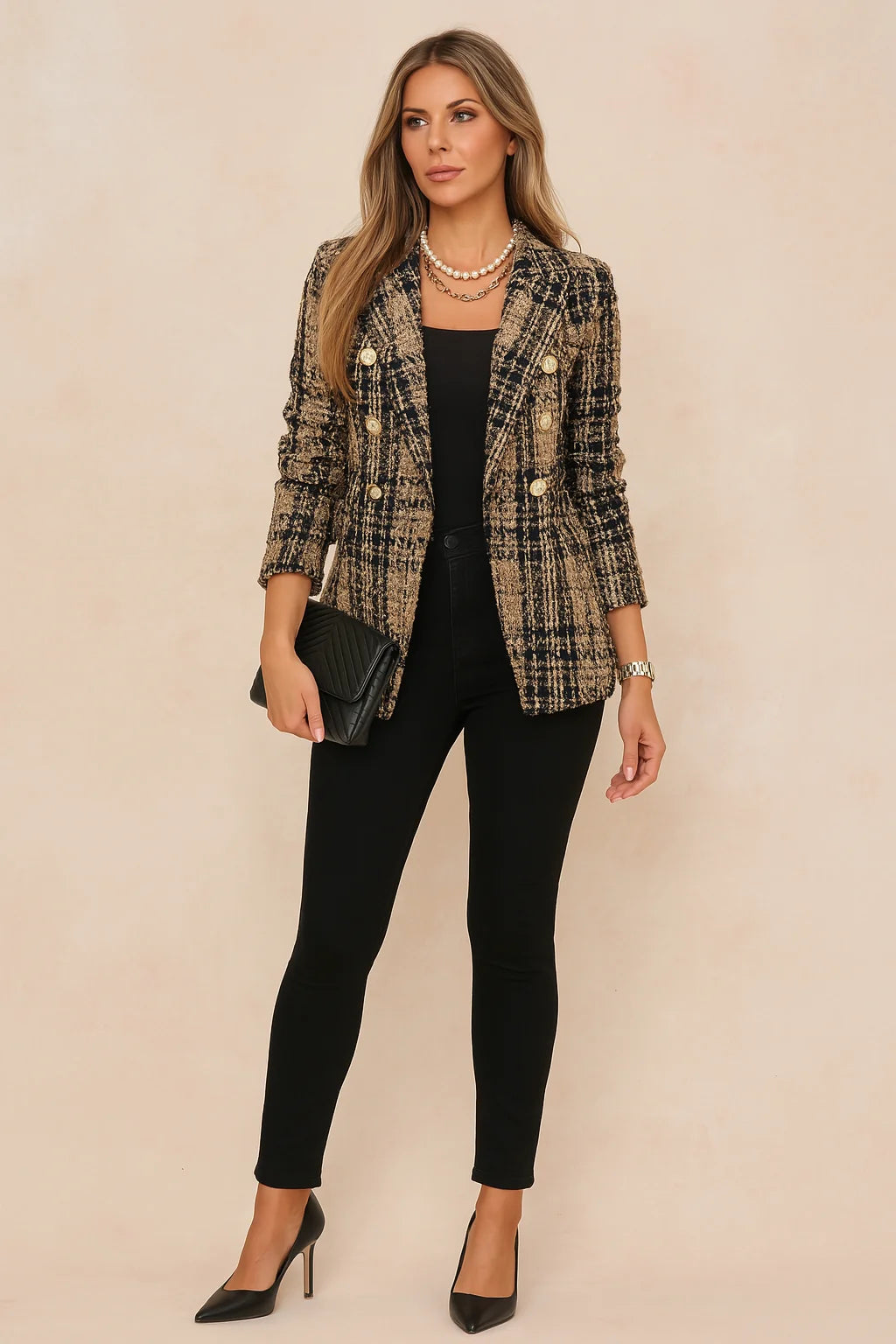 Brown Women's Plaid Blazer Jacket — Shea Double-Breasted Tweed Professional - Front Lifestyle