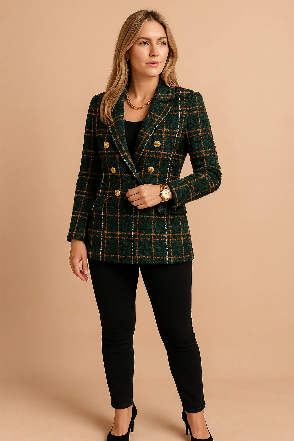 Dark Green Women's Plaid Blazer Jacket — Shea Double-Breasted Tweed Professional - Front Pose