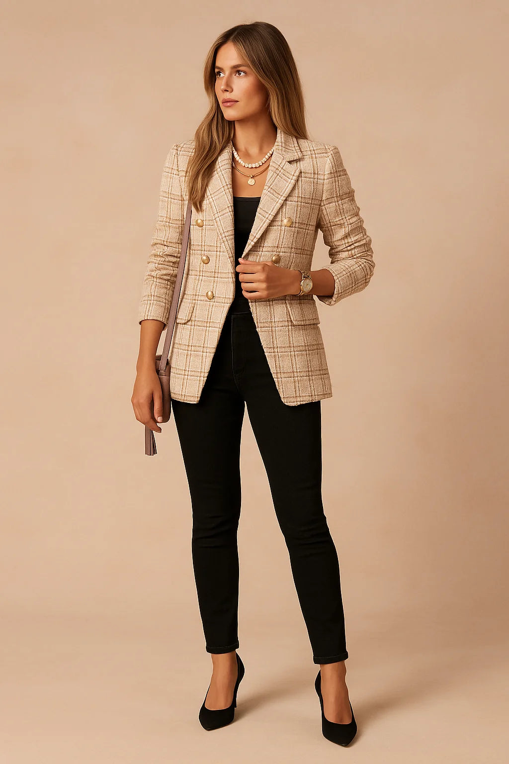 Khaki Women's Plaid Blazer Jacket — Shea Double-Breasted Tweed Professional - Front Studio