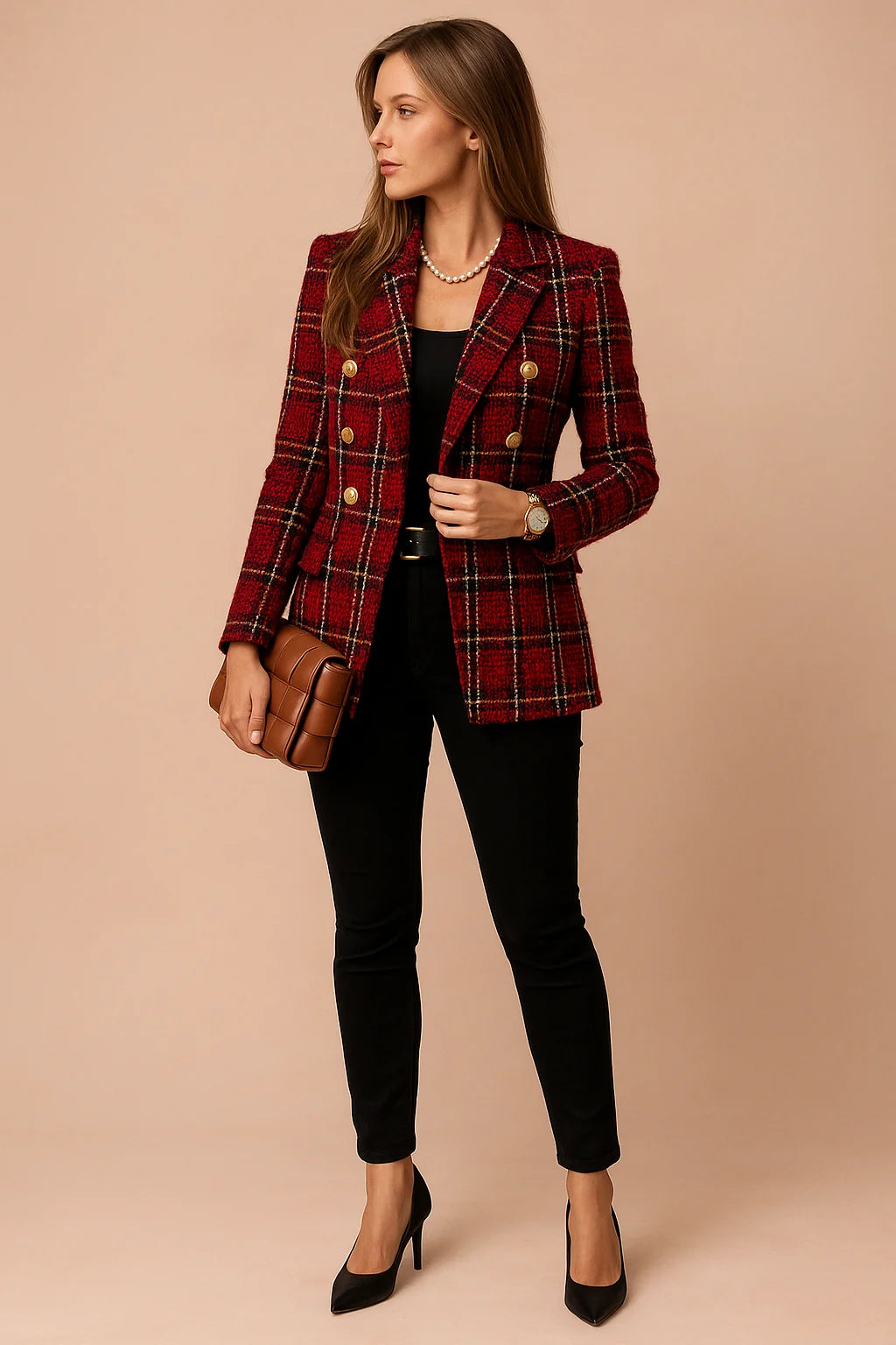 Red Women's Plaid Blazer Jacket — Shea Double-Breasted Tweed Professional - Wine Side Pose
