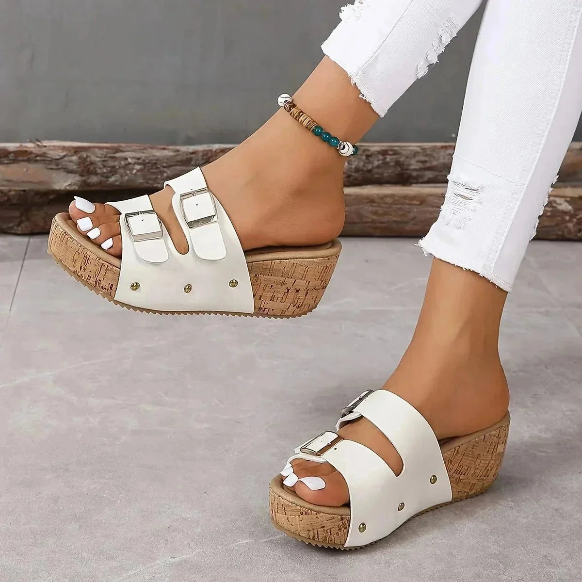 White Women's White Platform Sandals — Amelia Cork Wedge Buckle - Side Pose