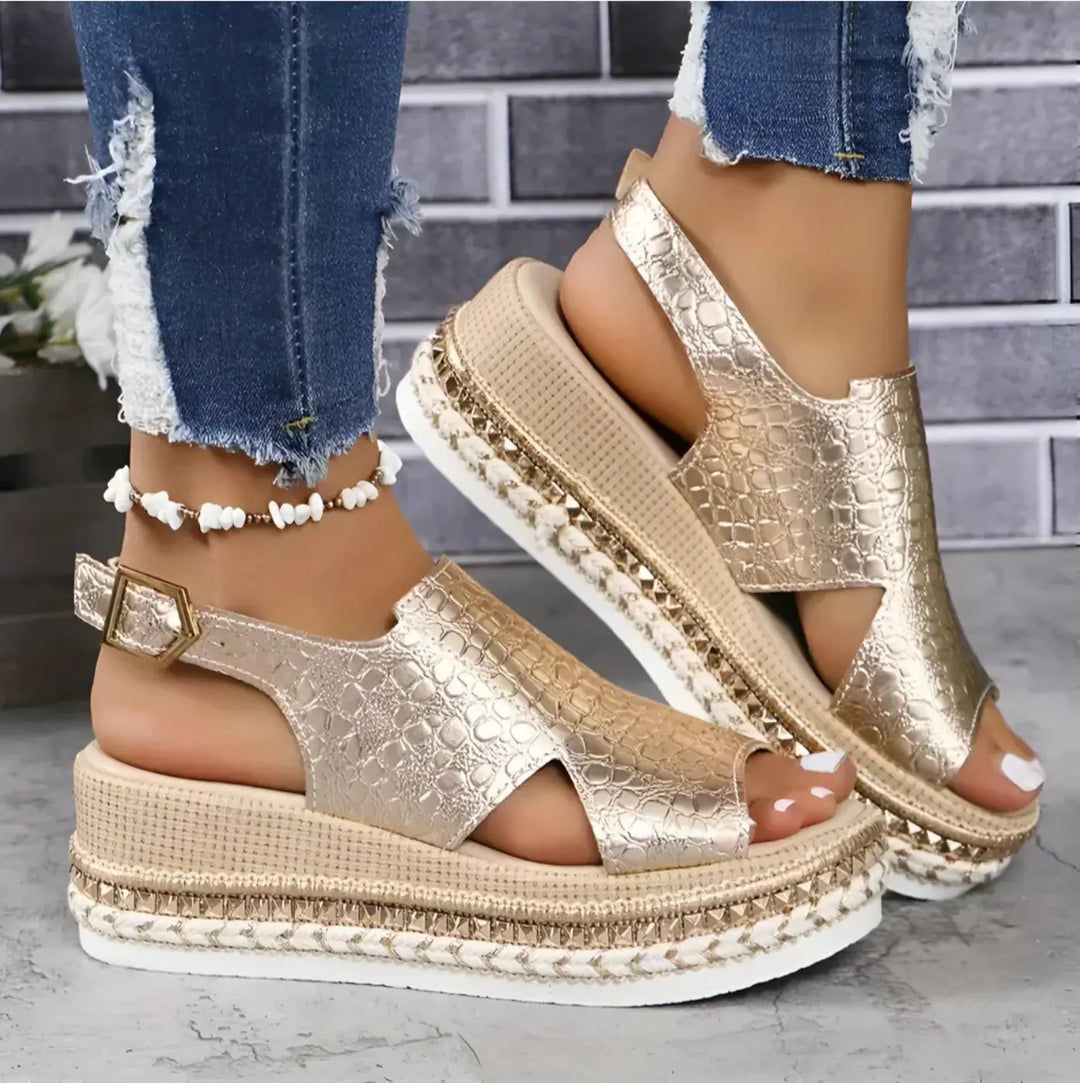 Gold Women's Platform Espadrille Sandals — Clementine Orthopedic Slingback Braided - Back Detail