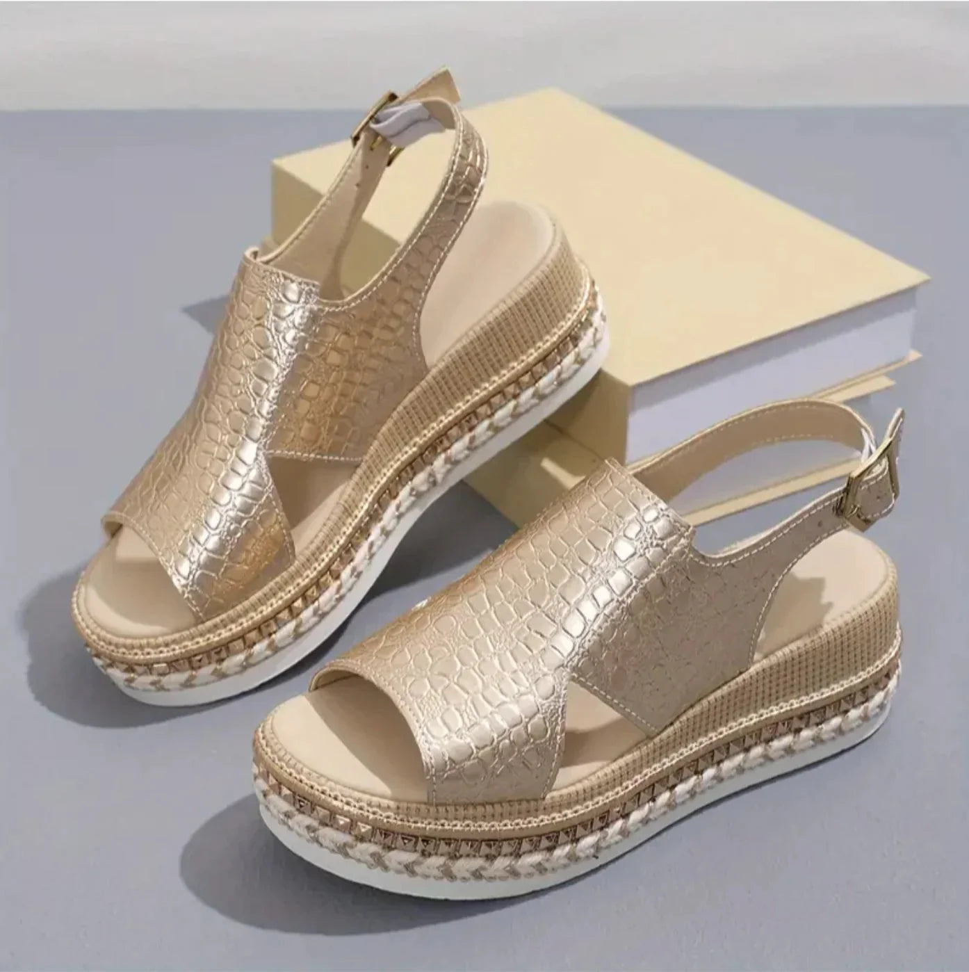 Gold Women's Platform Espadrille Sandals — Clementine Orthopedic Slingback Braided - Flat Lay