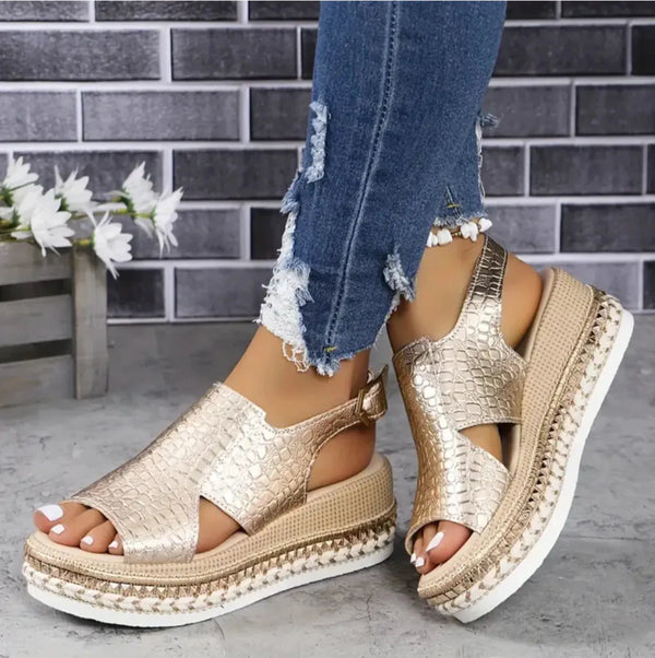 Gold Women's Platform Espadrille Sandals — Clementine Orthopedic Slingback Braided - Front Full