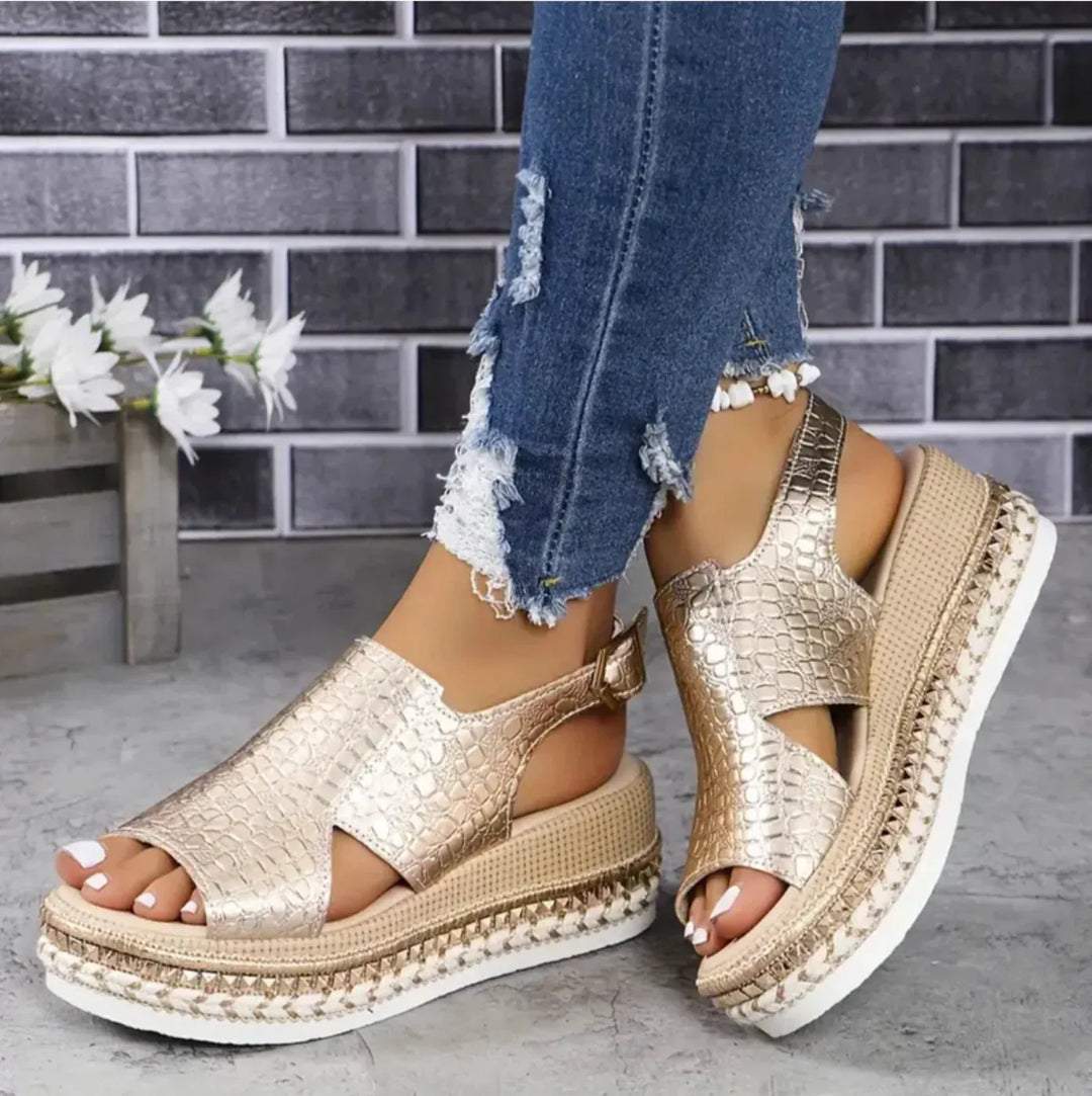 Gold Women's Platform Espadrille Sandals — Clementine Orthopedic Slingback Braided - Front Full