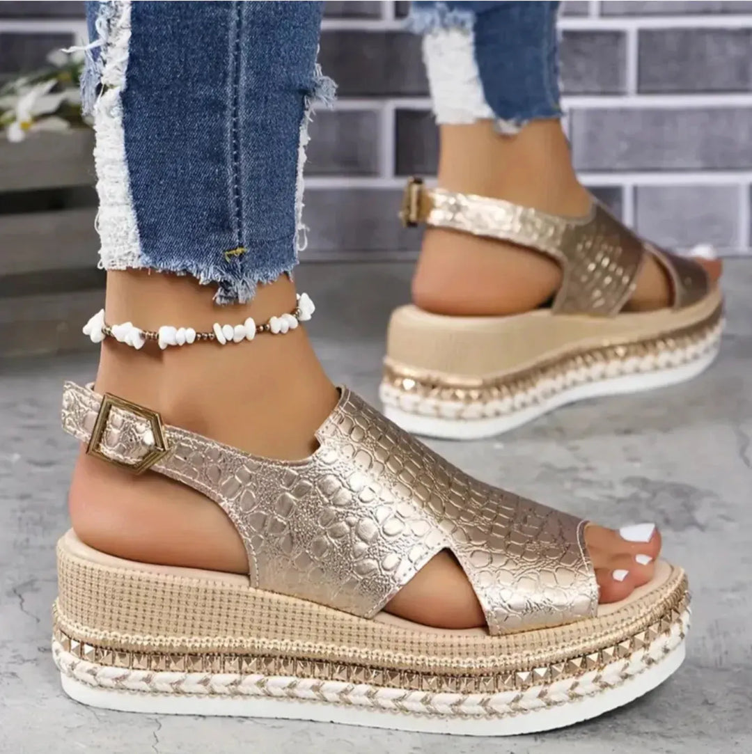 Gold Women's Platform Espadrille Sandals — Clementine Orthopedic Slingback Braided - Side Detail
