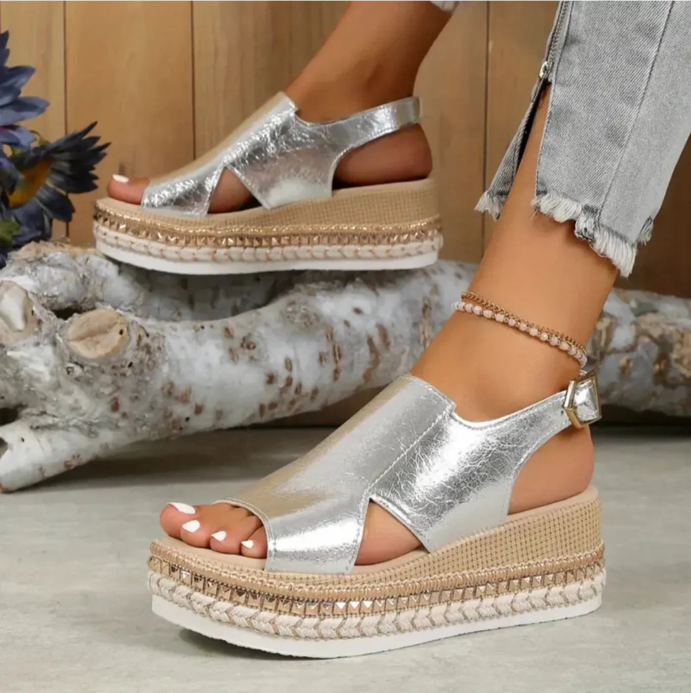 Silver Women's Platform Espadrille Sandals — Clementine Orthopedic Slingback Braided - Front Worn