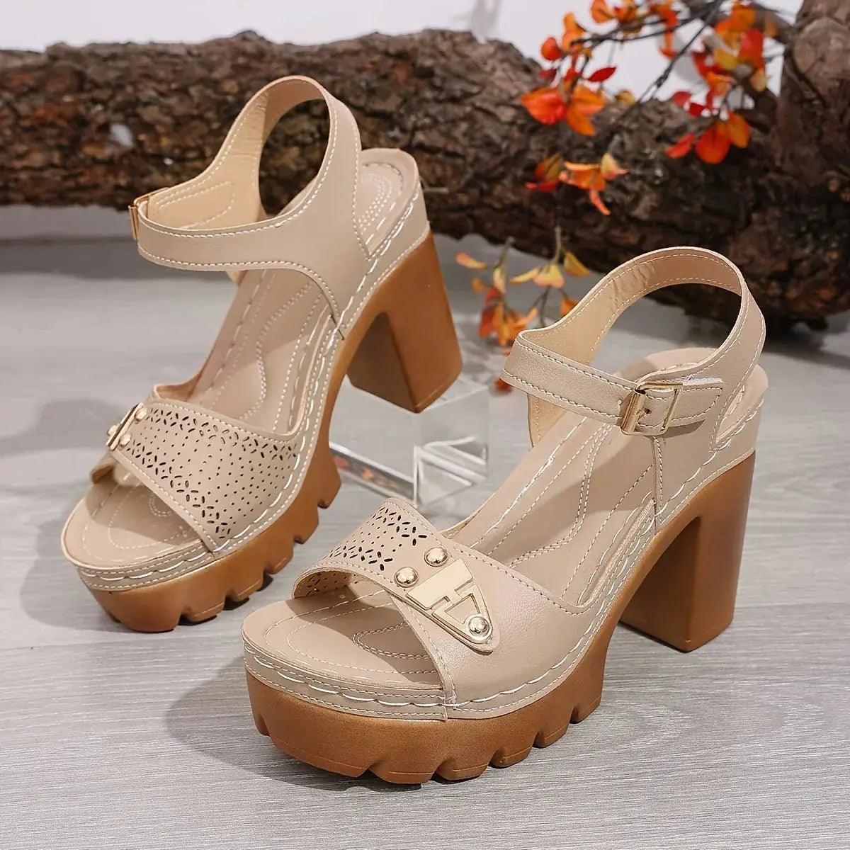 Beige Women's Platform Sandals — Brooke Block Heel Ankle Strap - Studio Pair Angled