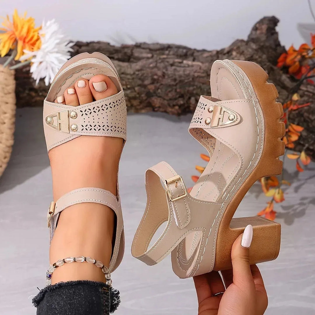 Beige Women's Platform Sandals — Brooke Block Heel Ankle Strap - Worn Side View
