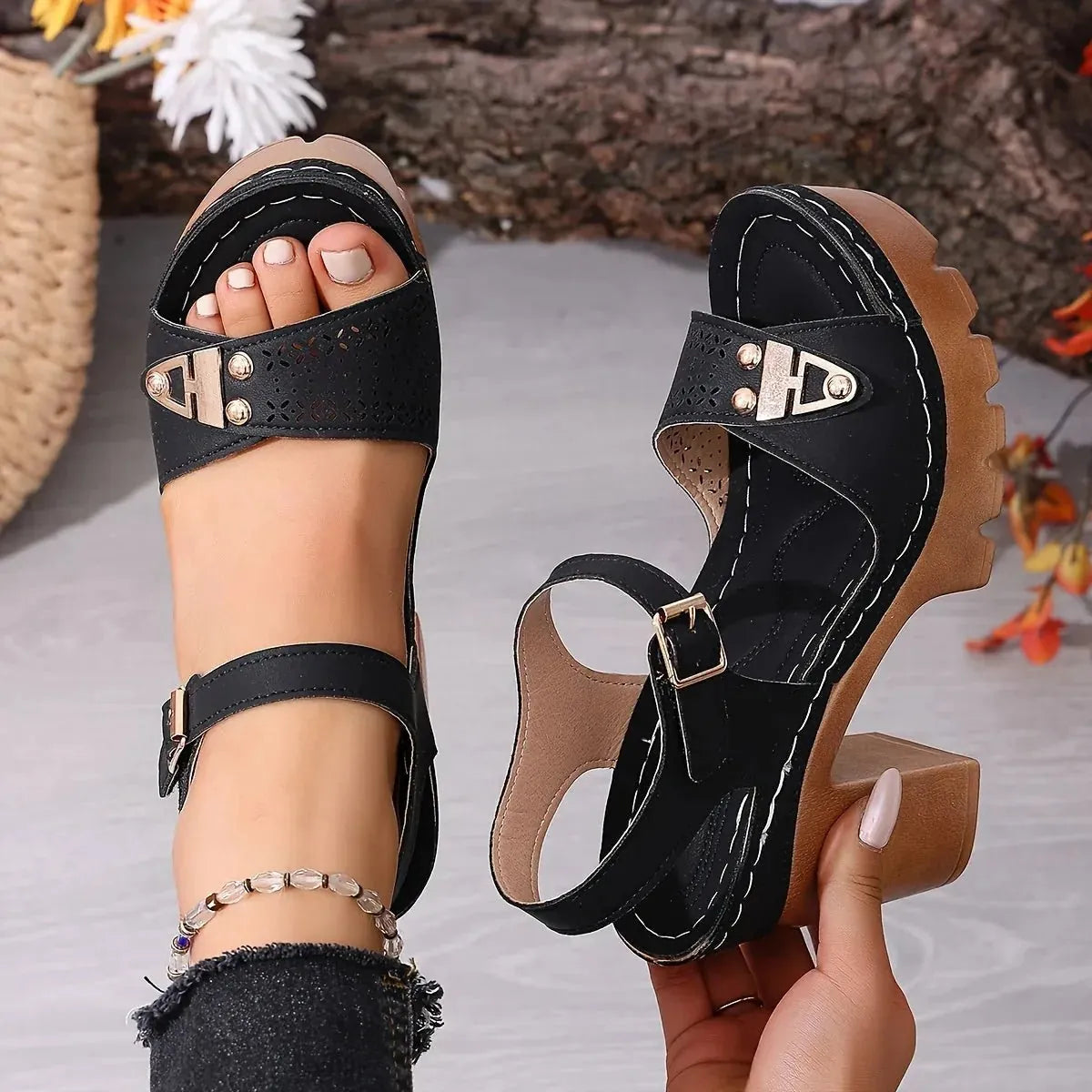 Black Women's Platform Sandals — Brooke Block Heel Ankle Strap - Worn Front Full