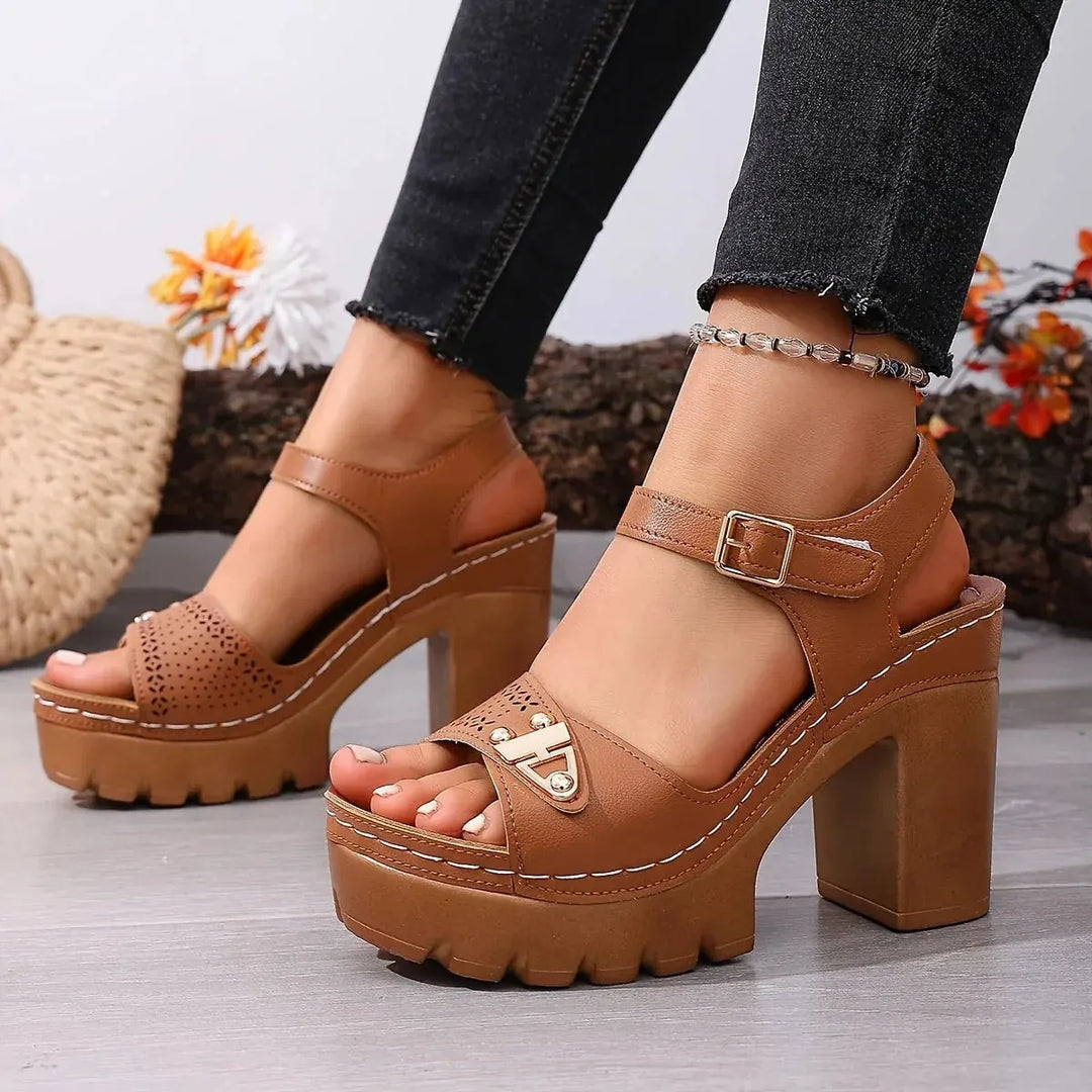 Brown Women's Platform Sandals — Brooke Block Heel Ankle Strap - Worn Front Pose