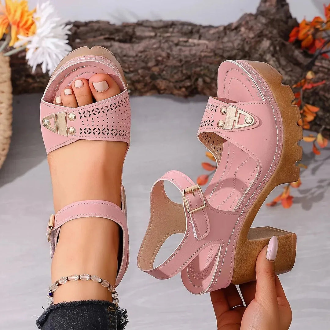 Pink Women's Platform Sandals — Brooke Block Heel Ankle Strap - Hand Held Detail