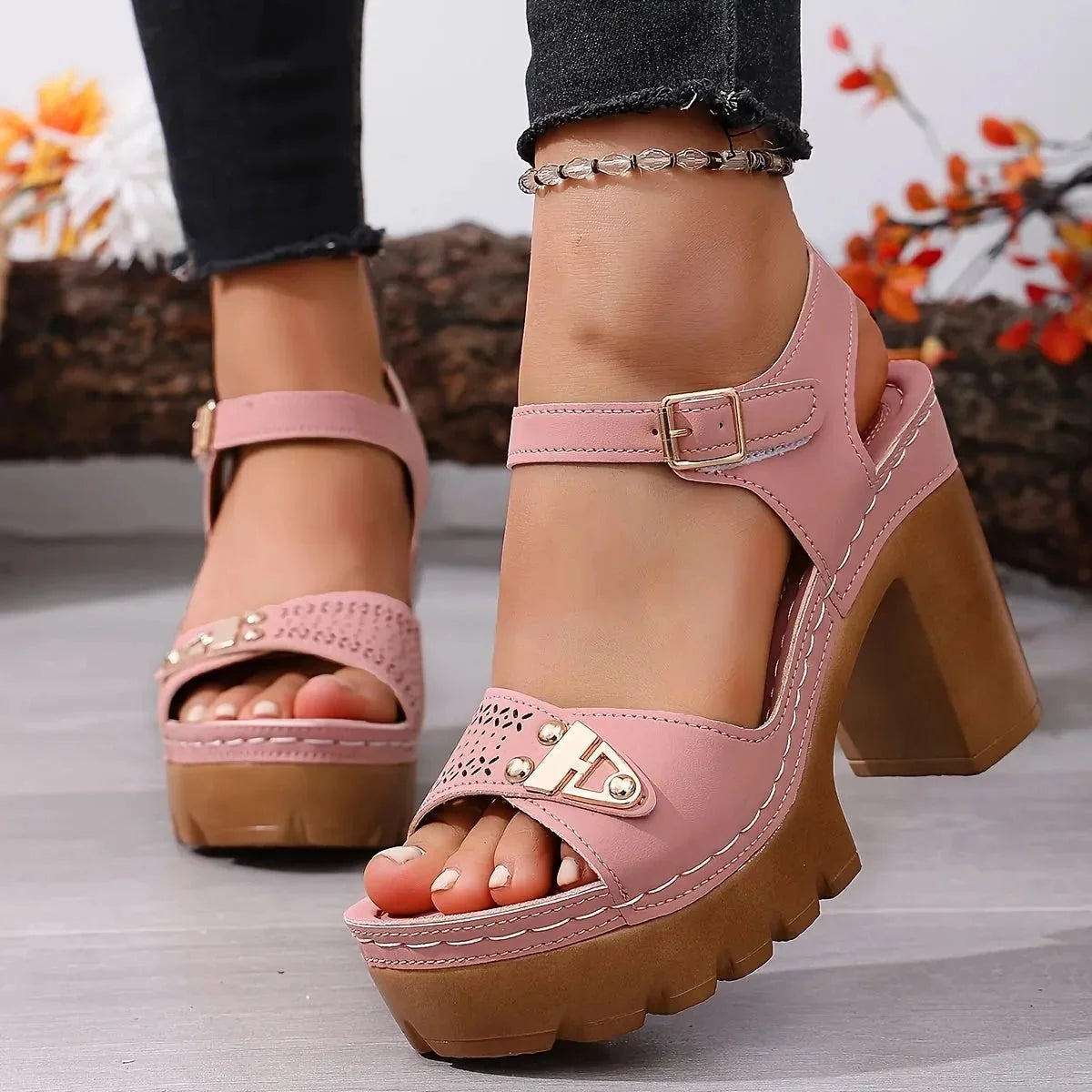 Pink Women's Platform Sandals — Brooke Block Heel Ankle Strap - Worn Lifestyle Pose