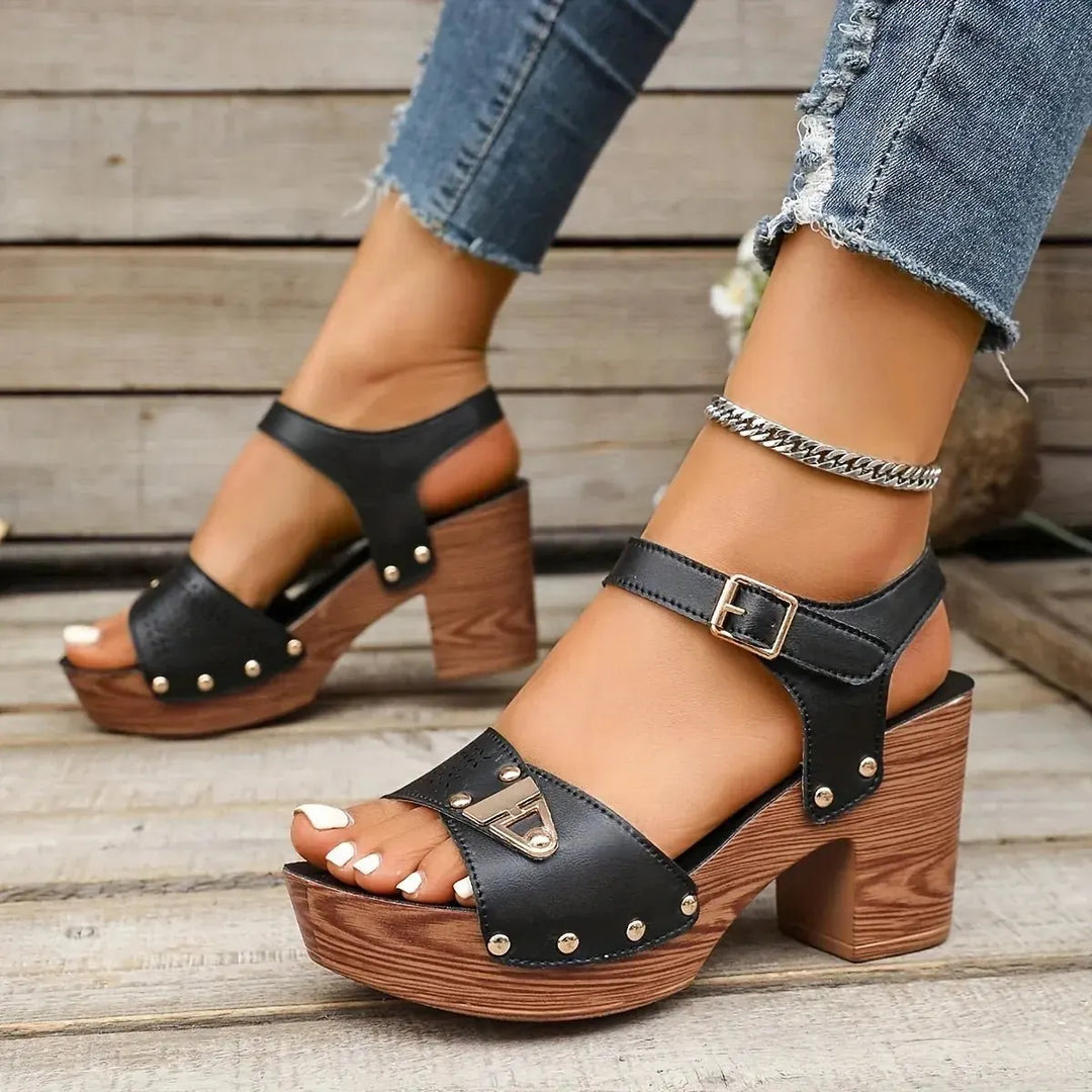 Black Women's Platform Sandals — Amara Studded Block Heel - Angled View