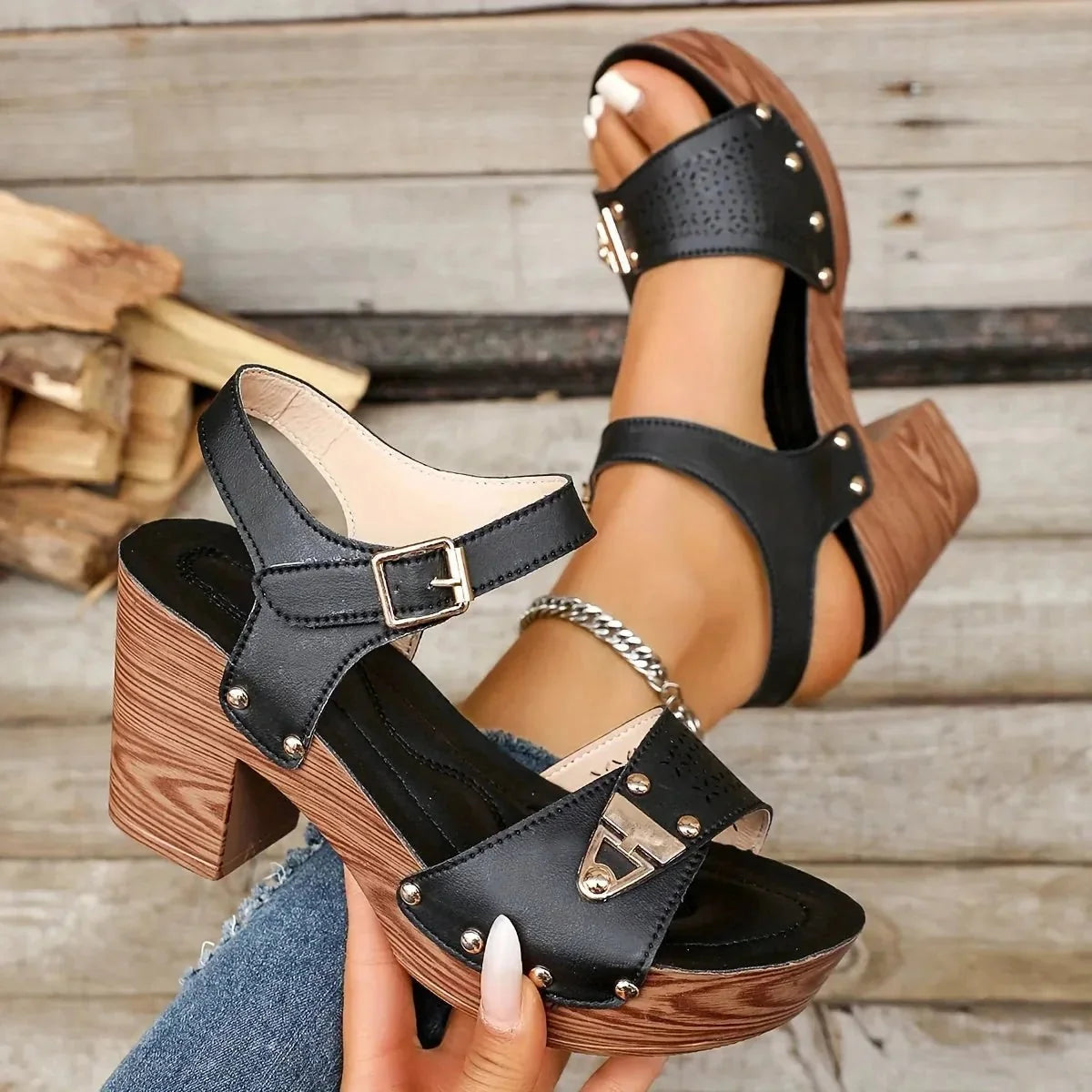 Black Women's Platform Sandals — Amara Studded Block Heel - Close Up Detail