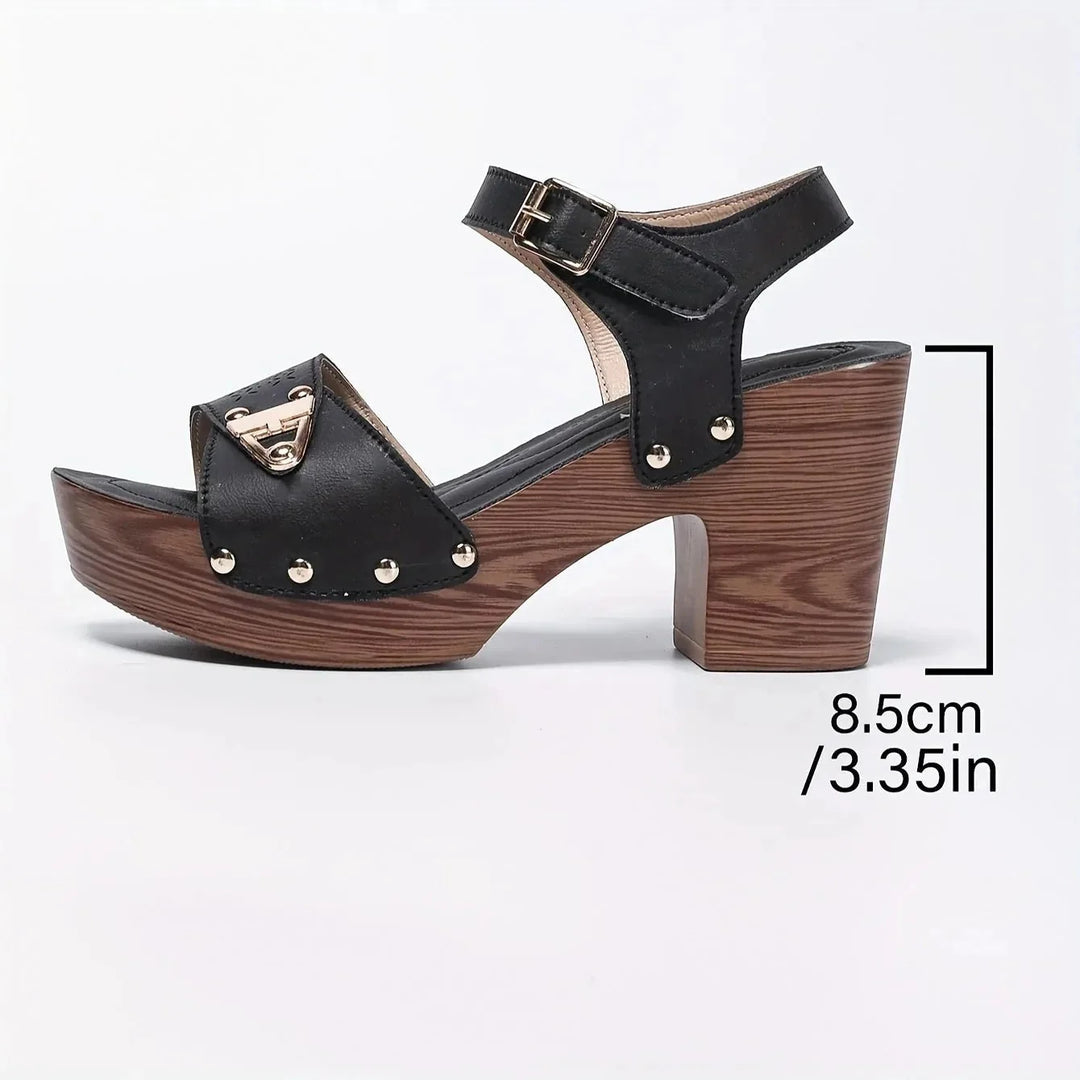 Black Women's Platform Sandals — Amara Studded Block Heel - Heel Measurement