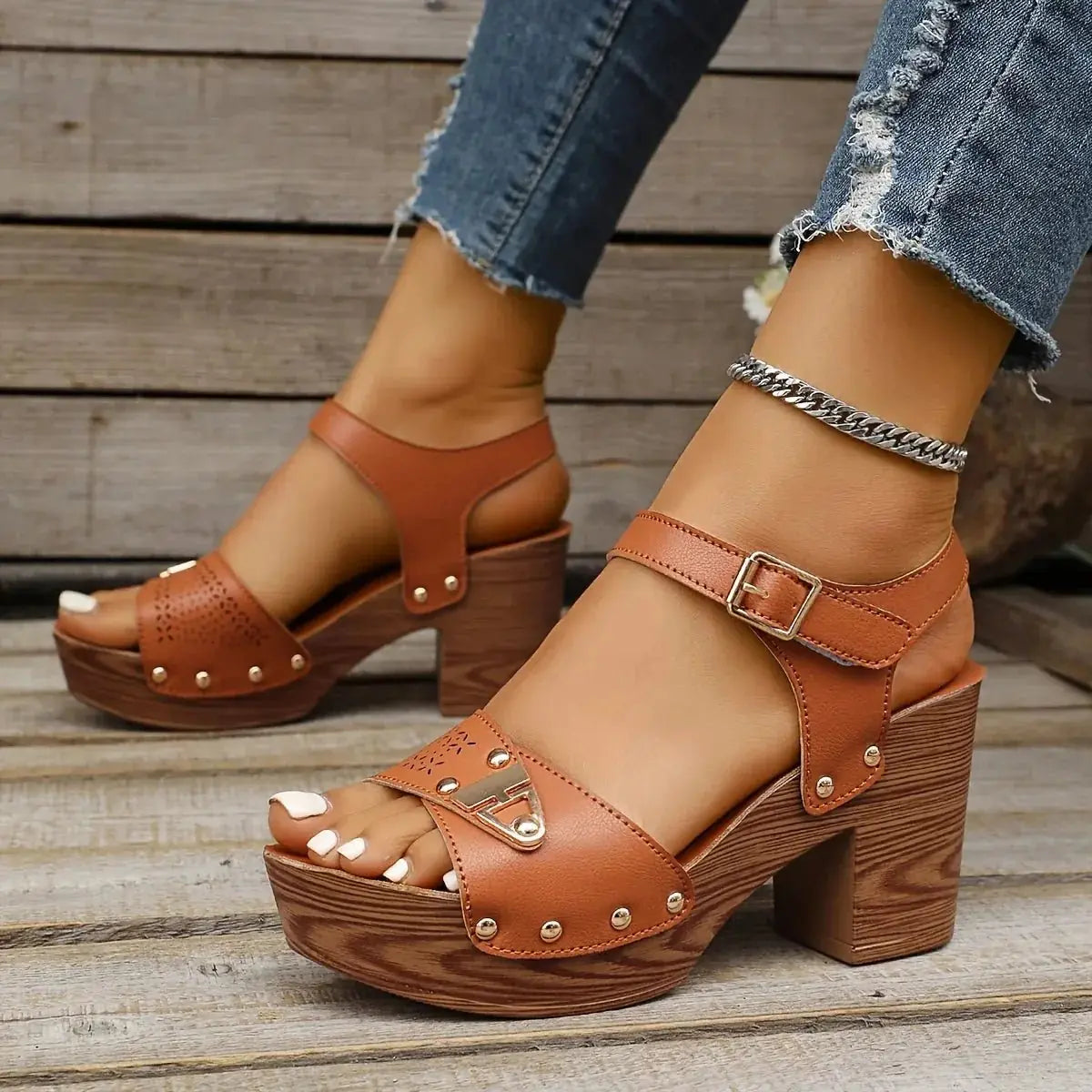 Cognac Women's Platform Sandals — Amara Studded Block Heel - Back Detail