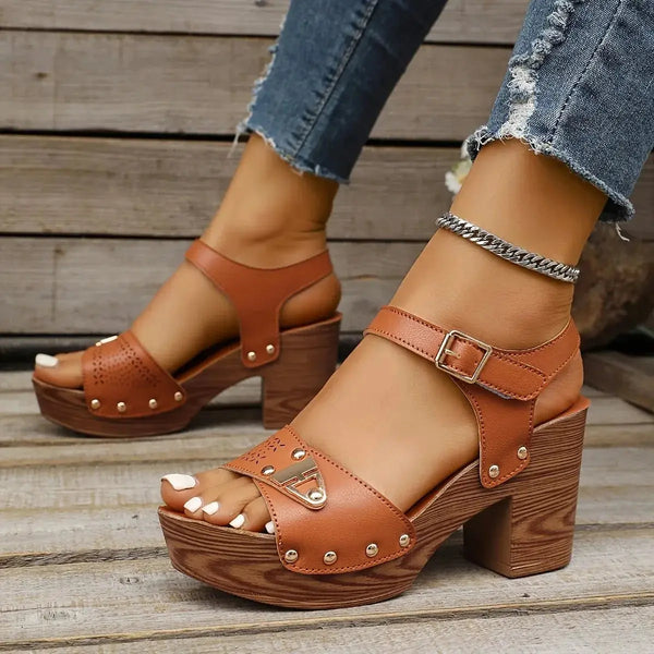 Cognac Women's Platform Sandals — Amara Studded Block Heel - Front Full