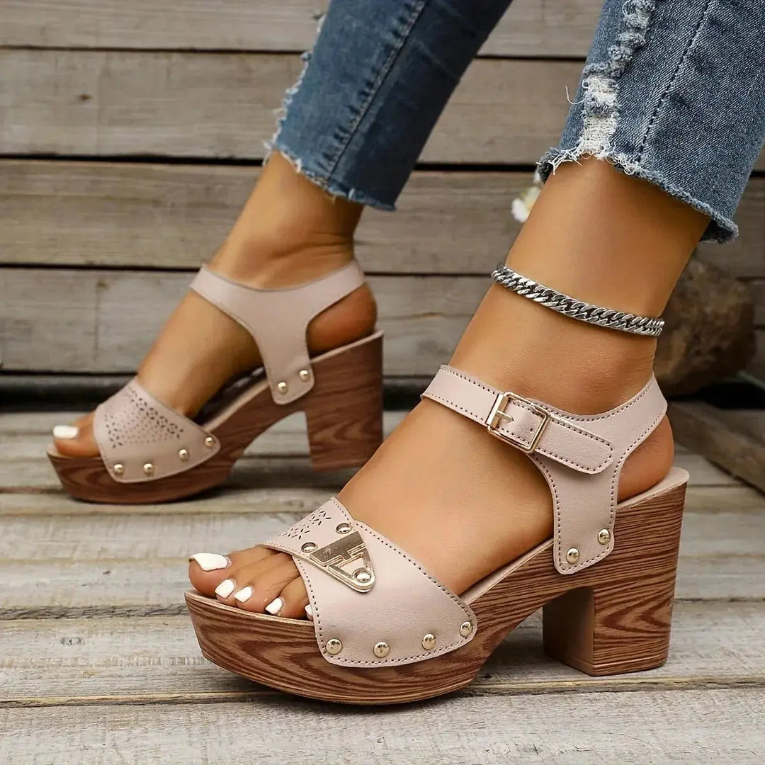Light Pink Women's Platform Sandals — Amara Studded Block Heel - Three Quarter View