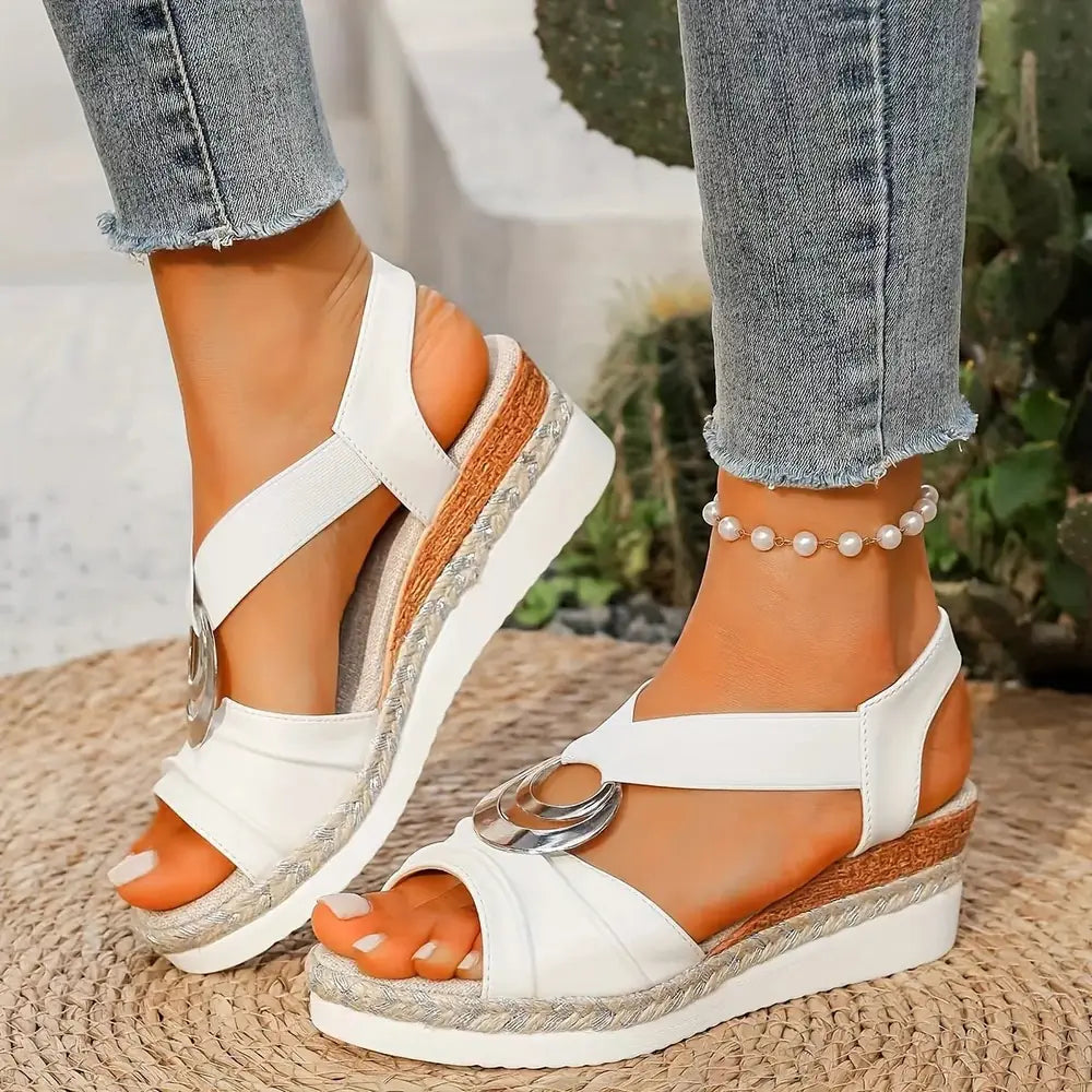 White Women's White Platform Sandals — Halle Ring Detail Strappy - Side Pose