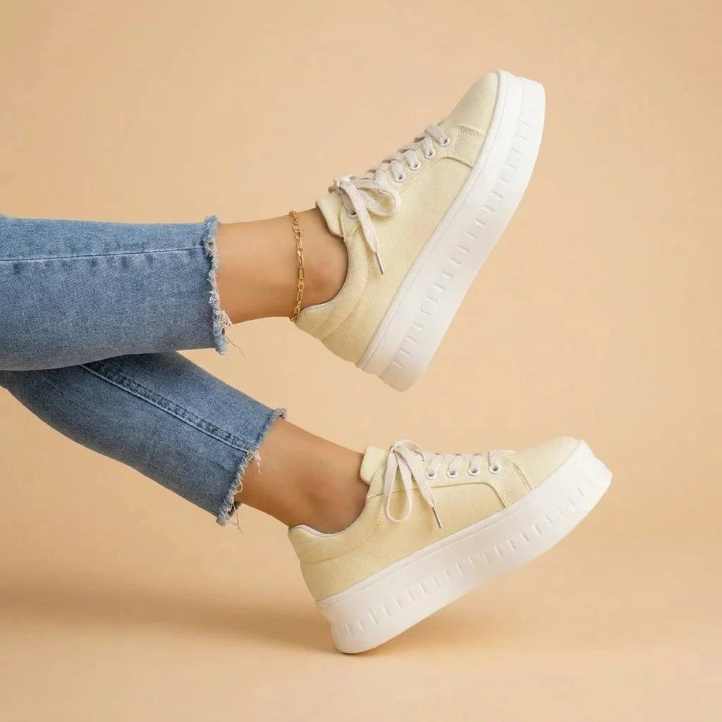 Beige Women's Platform Sneakers — Melody Lace-Up Cushioned Casual - Side Angle