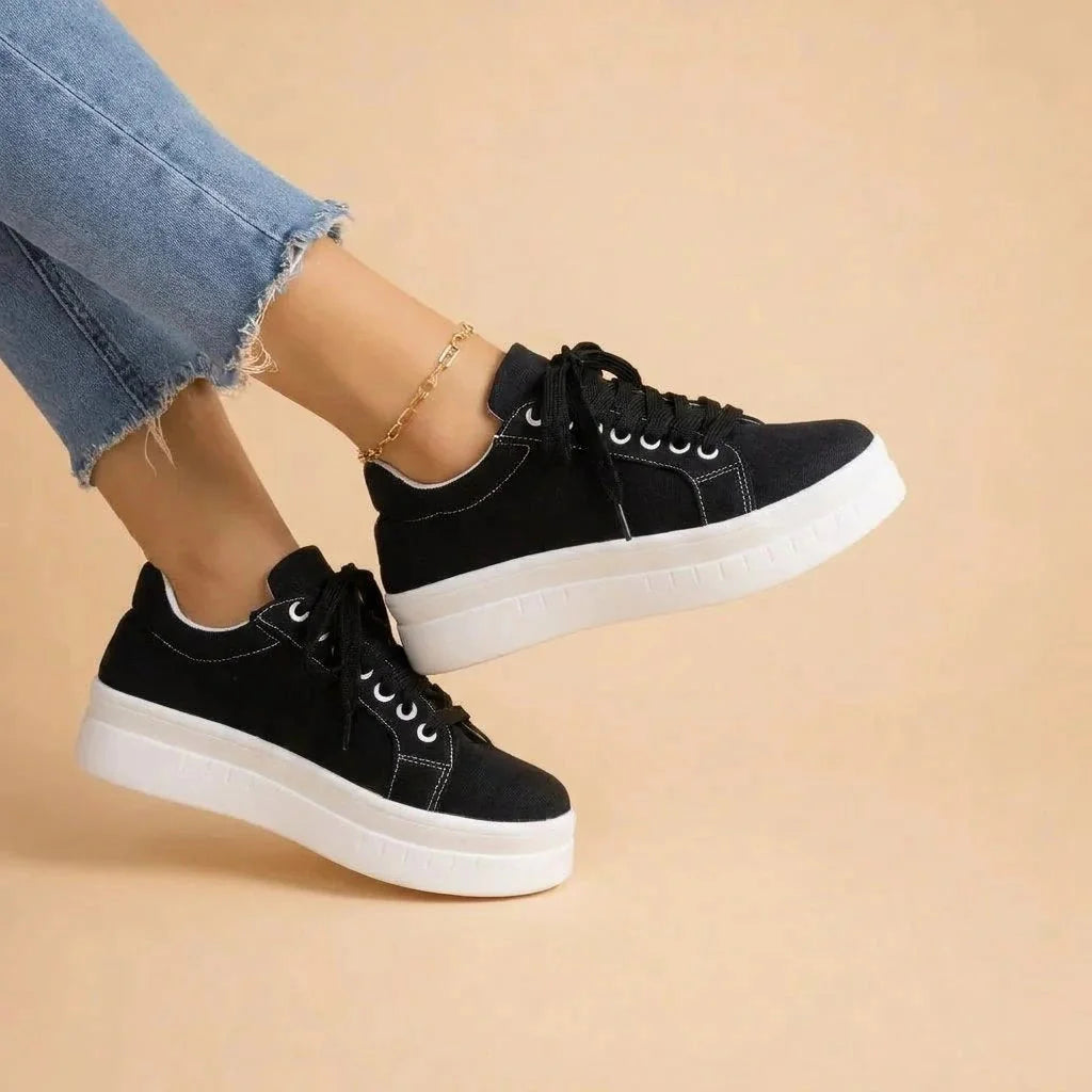 Black Women's Platform Sneakers — Melody Lace-Up Cushioned Casual - Front Detail
