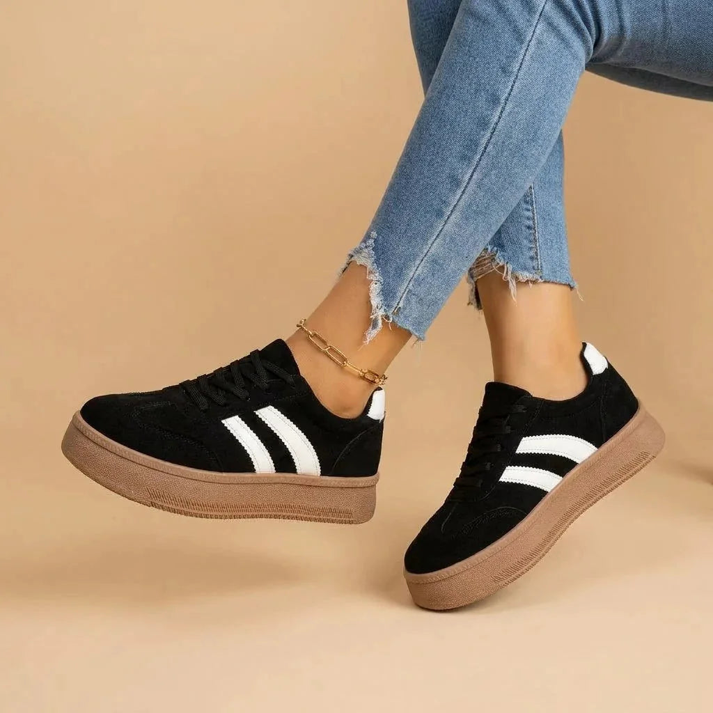 Black Women's Platform Sneakers — Ellis Suede Lace-Up Striped - Studio Pose