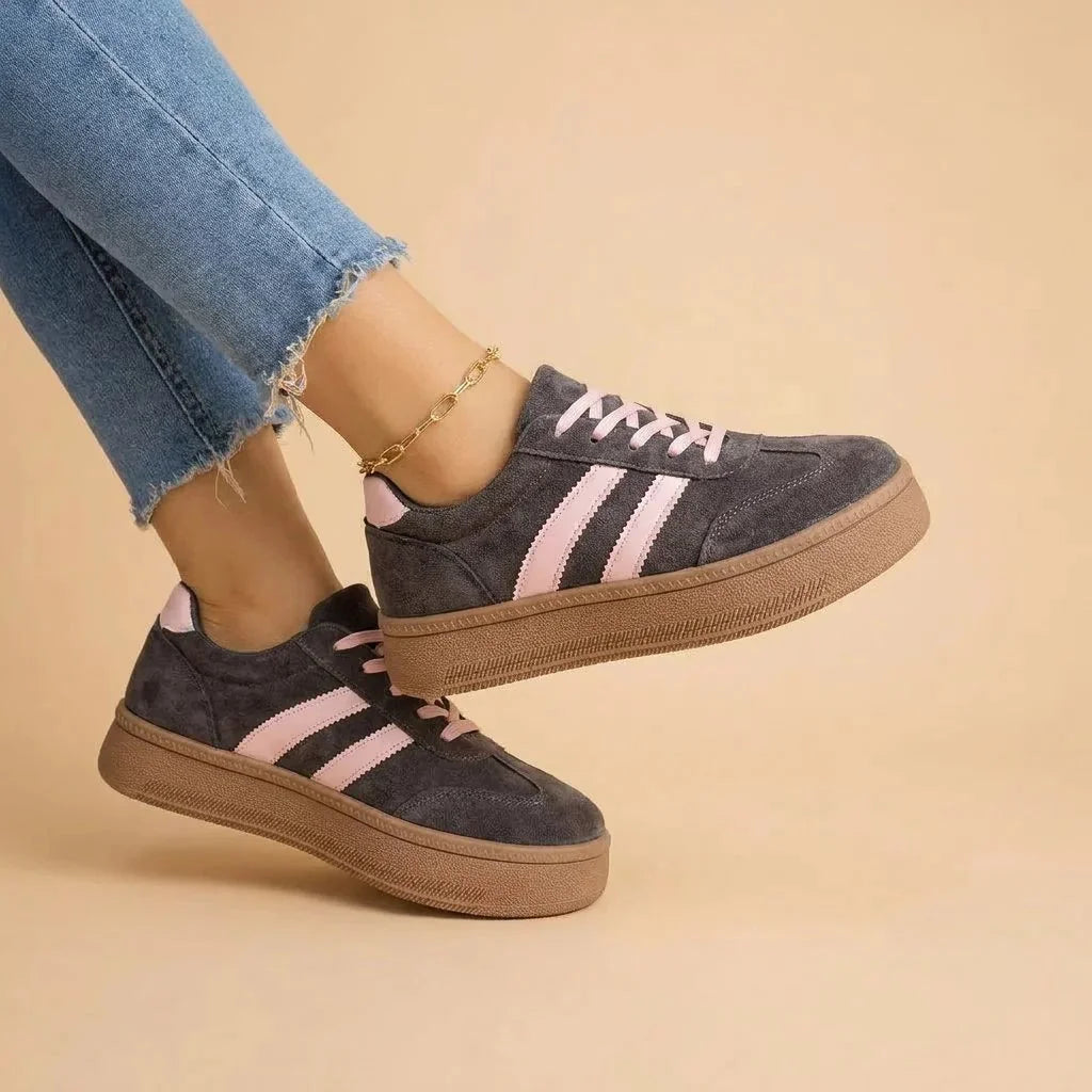 Grey Women's Platform Sneakers — Ellis Suede Lace-Up Striped - Front Detail