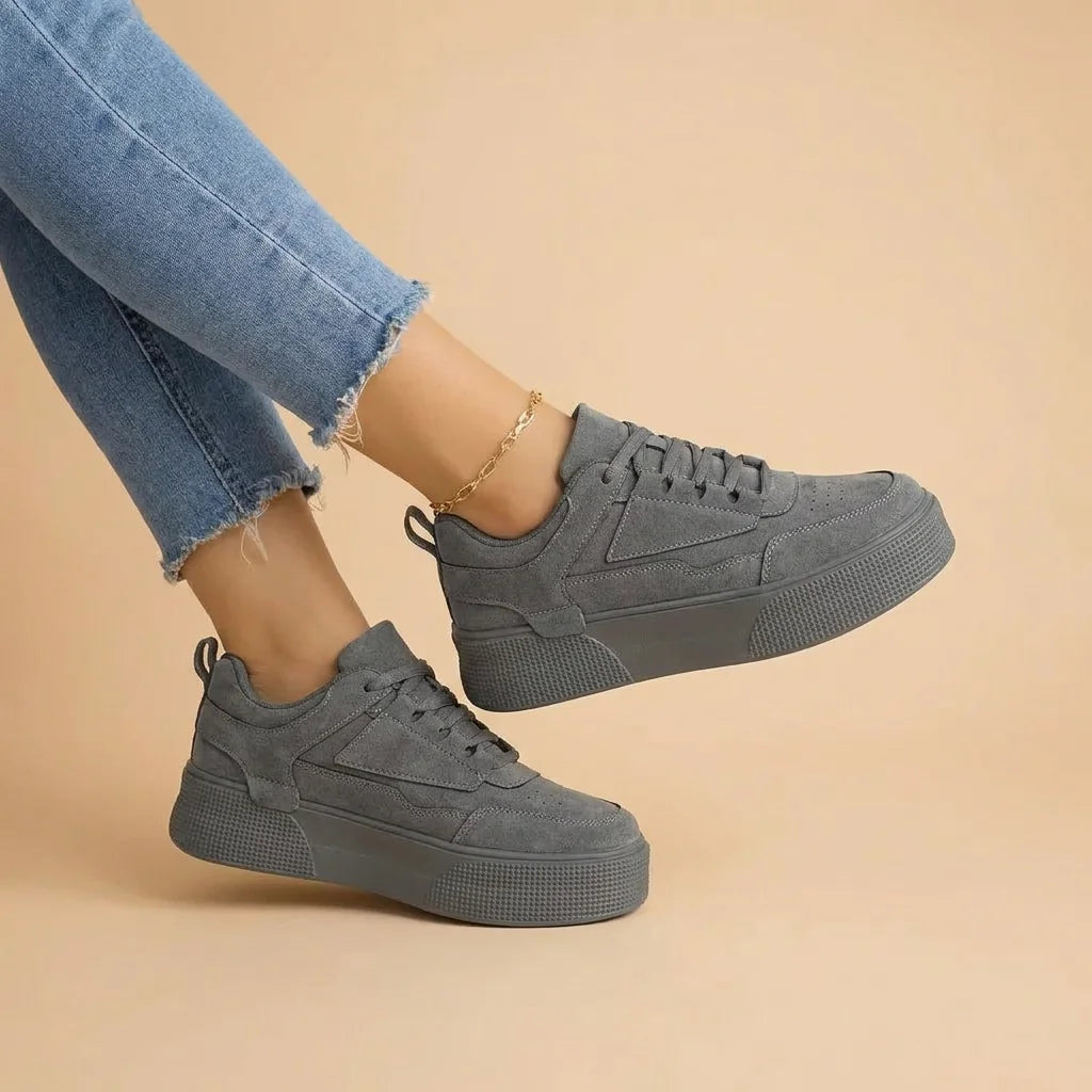 Grey Women's Platform Sneakers — Faith Suede Lace-Up Low-Top - Model Walking