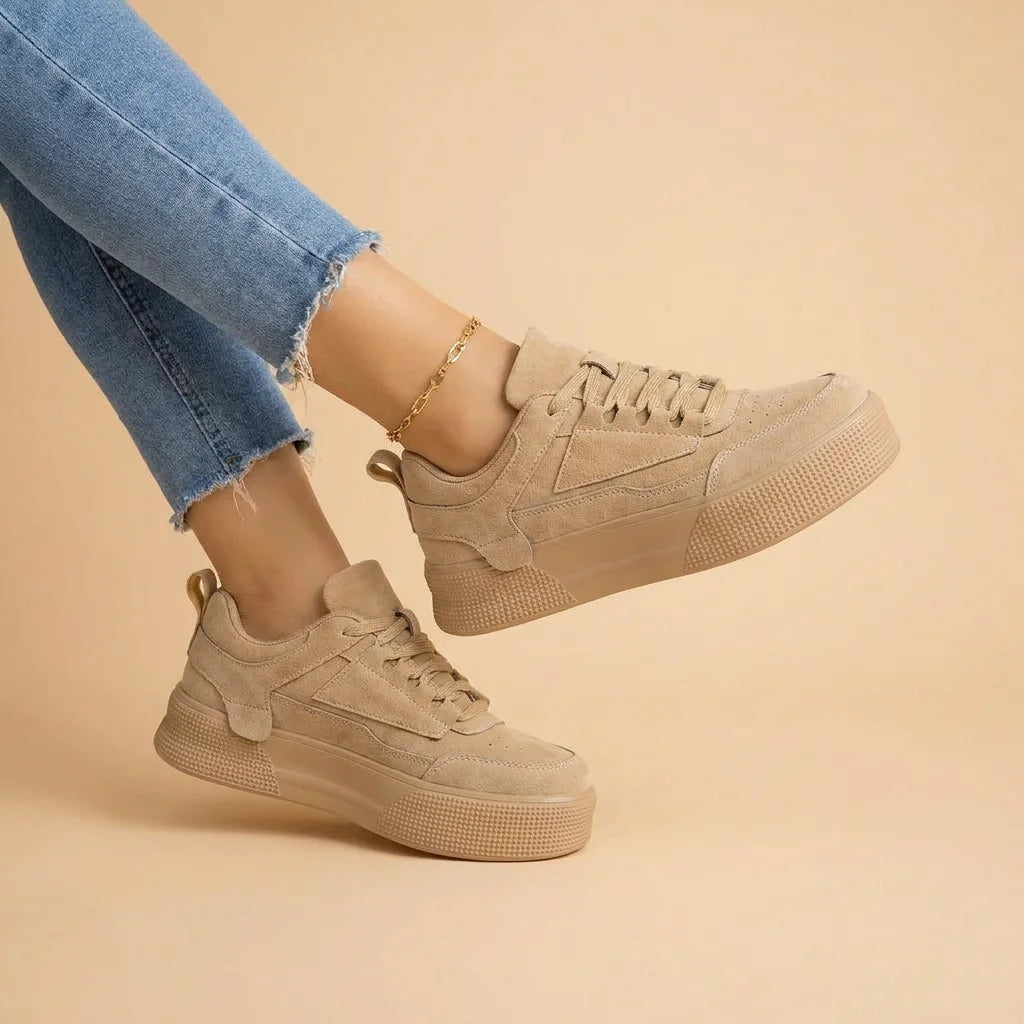 Khaki Women's Platform Sneakers — Faith Suede Lace-Up Low-Top - Worn Lifestyle
