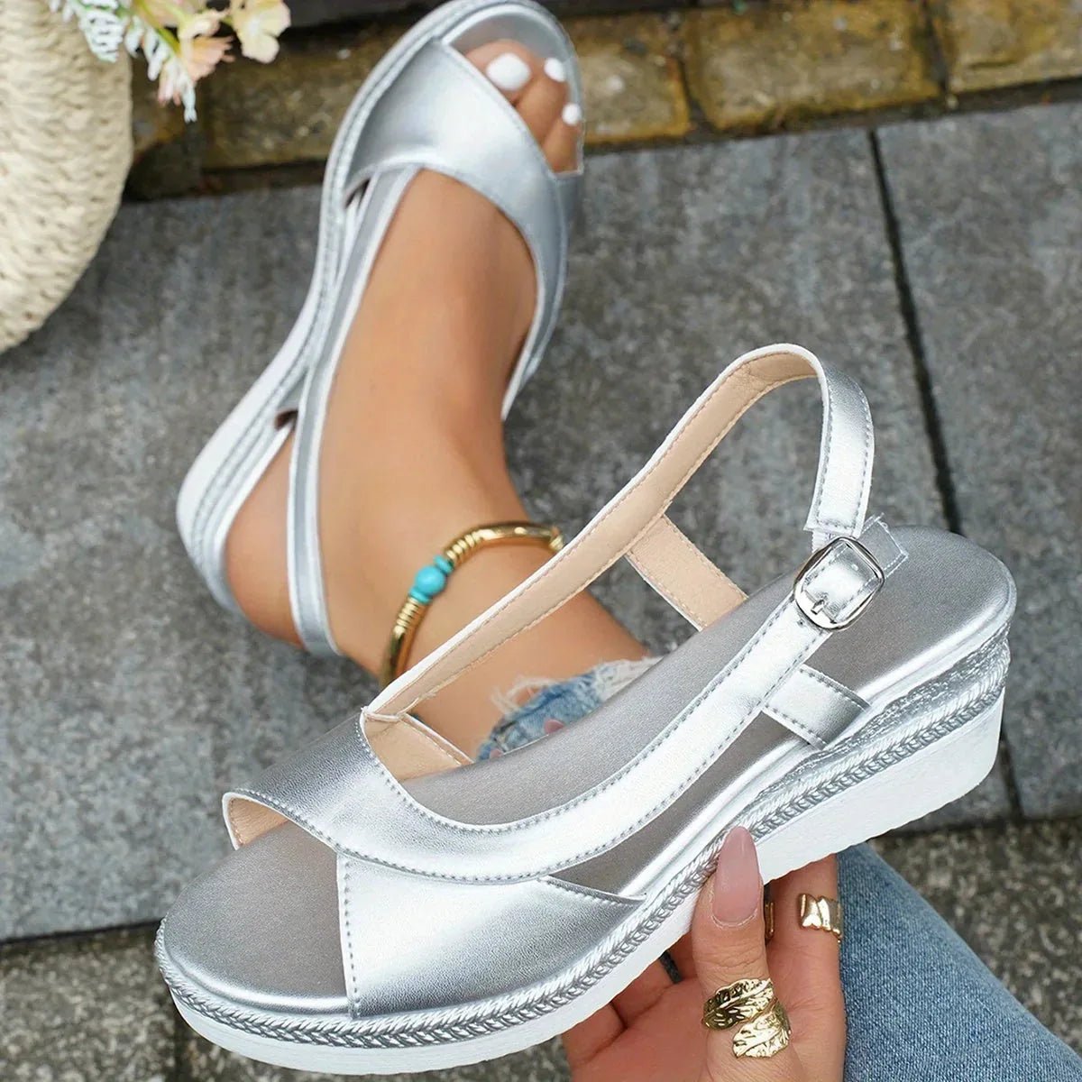Emma | Stylish Platform Wedge Silver Sandals - Silver - 4