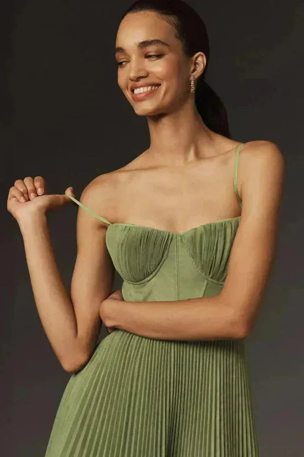 Olive Women's Pleated Midi Dress — Emerald Bustier Spaghetti Strap - Front Detail