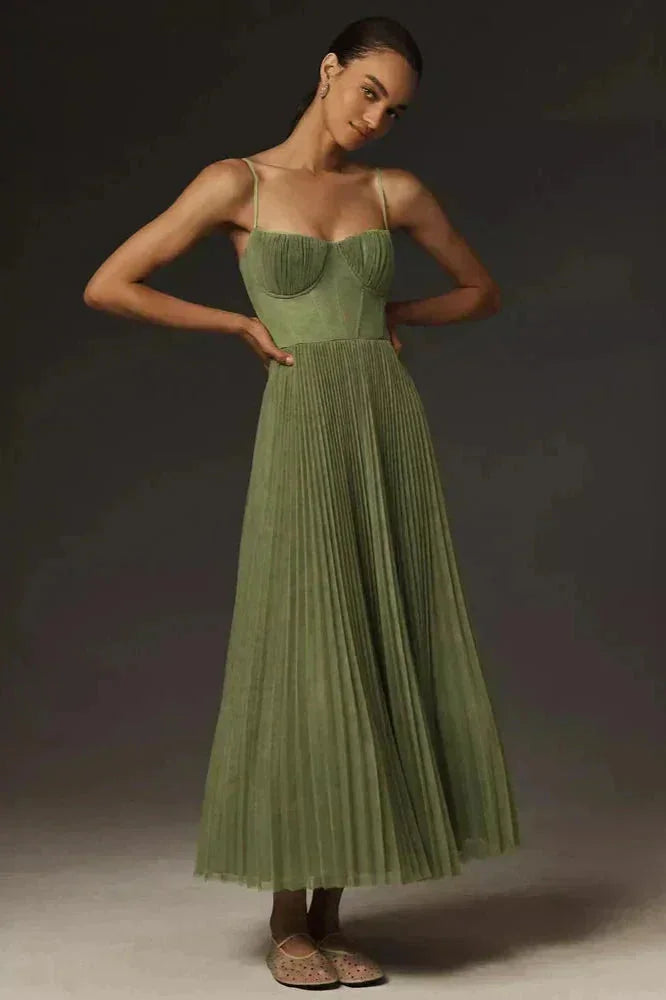 Olive Women's Pleated Midi Dress — Emerald Bustier Spaghetti Strap - Front Full