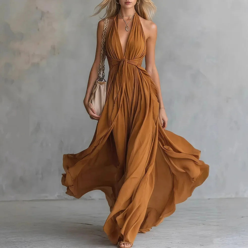 Brown Women's Plunging Halter Evening Maxi Dress — Rhea Flowy Backless - Worn Lifestyle