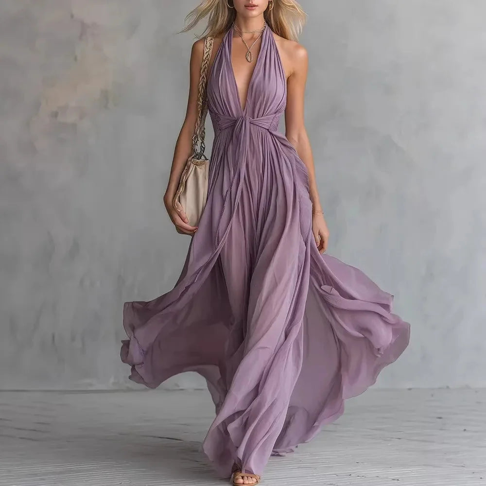 Purple Women's Plunging Halter Evening Maxi Dress — Rhea Flowy Backless - Model Walking