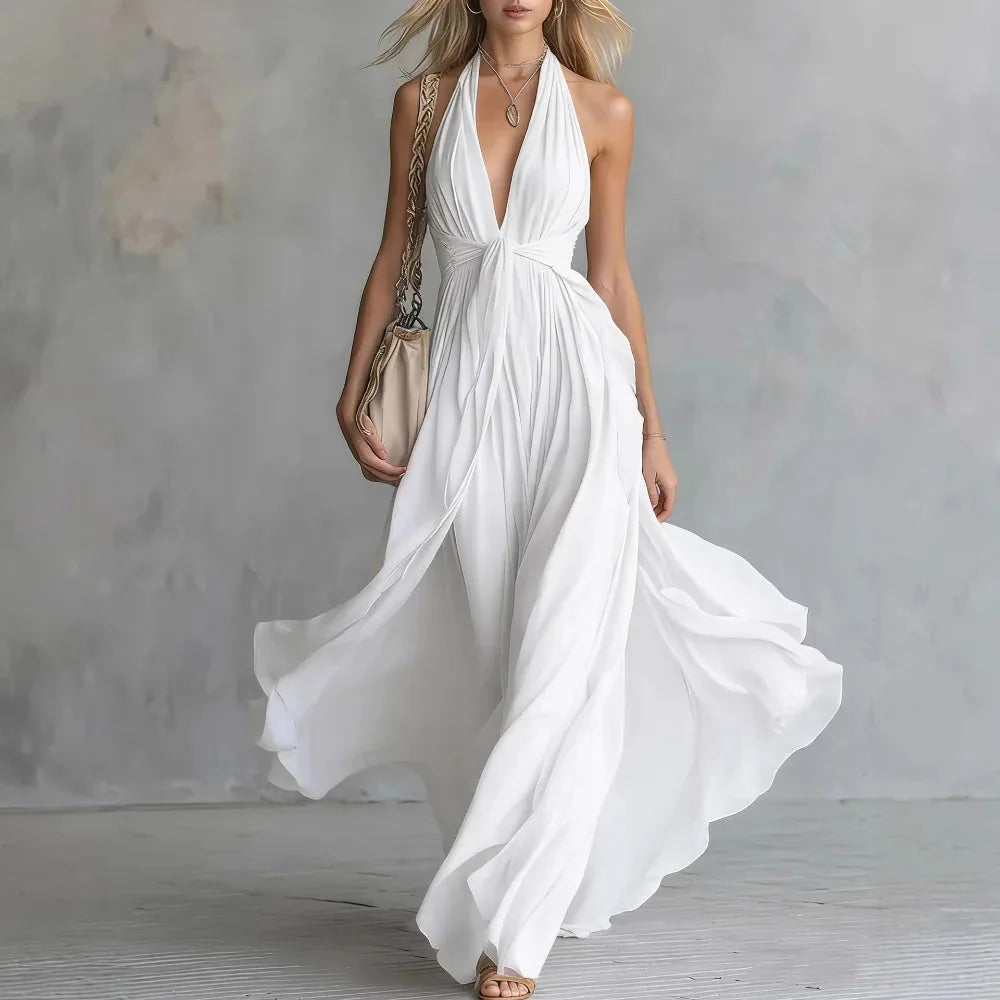 White Women's Plunging Halter Evening Maxi Dress — Rhea Flowy Backless - Side Pose