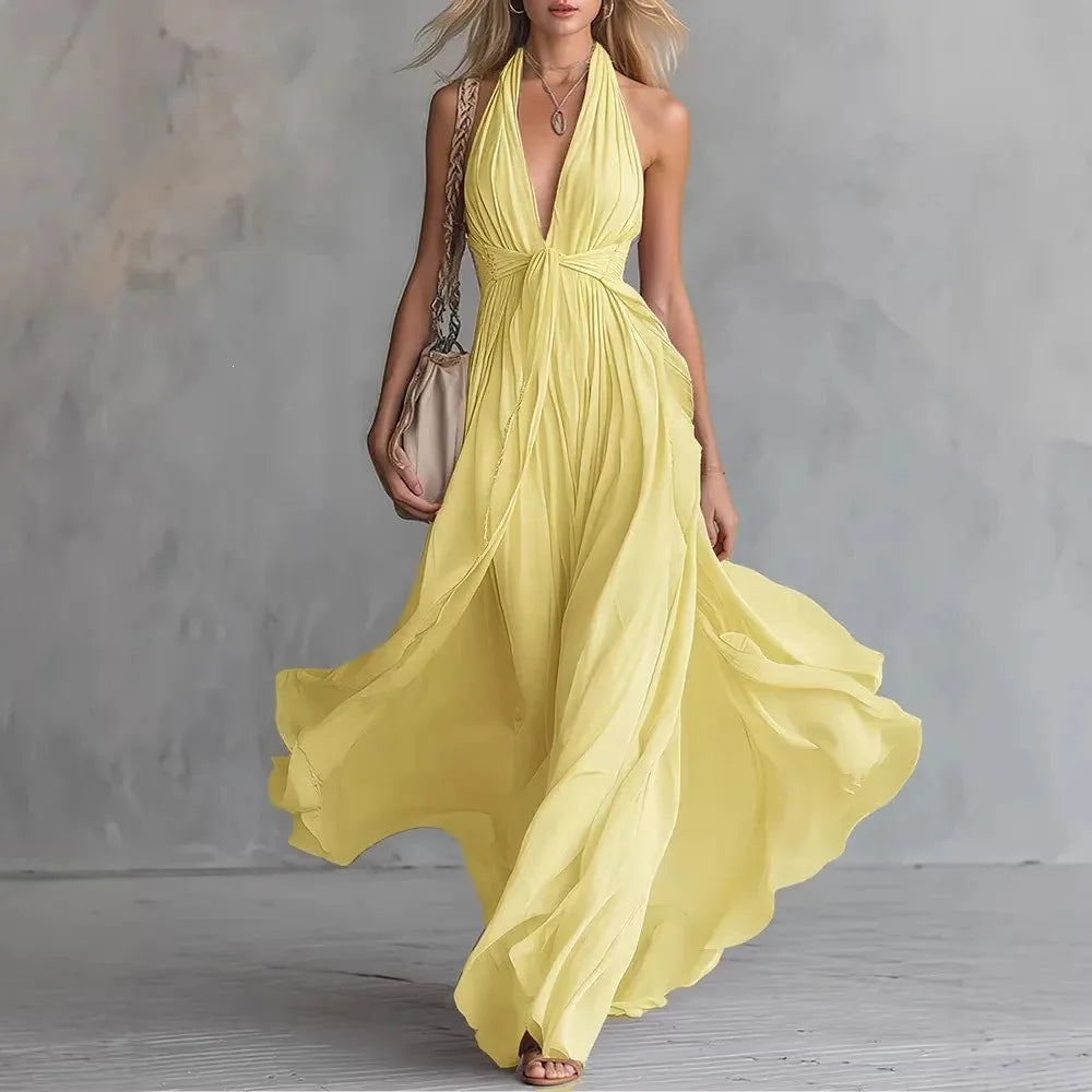 Yellow Women's Plunging Halter Evening Maxi Dress — Rhea Flowy Backless - Front Full