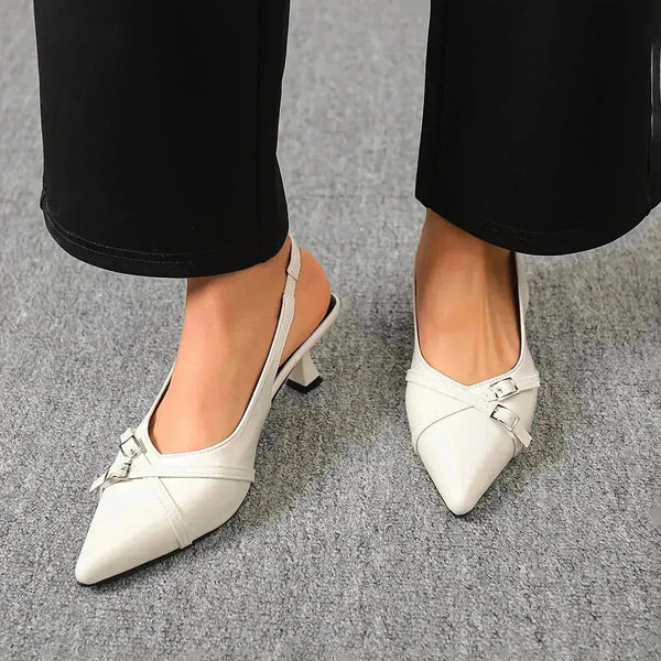 Celeste | Elegant Pointed Toe White Kitten Heels With Buckle - White - 1