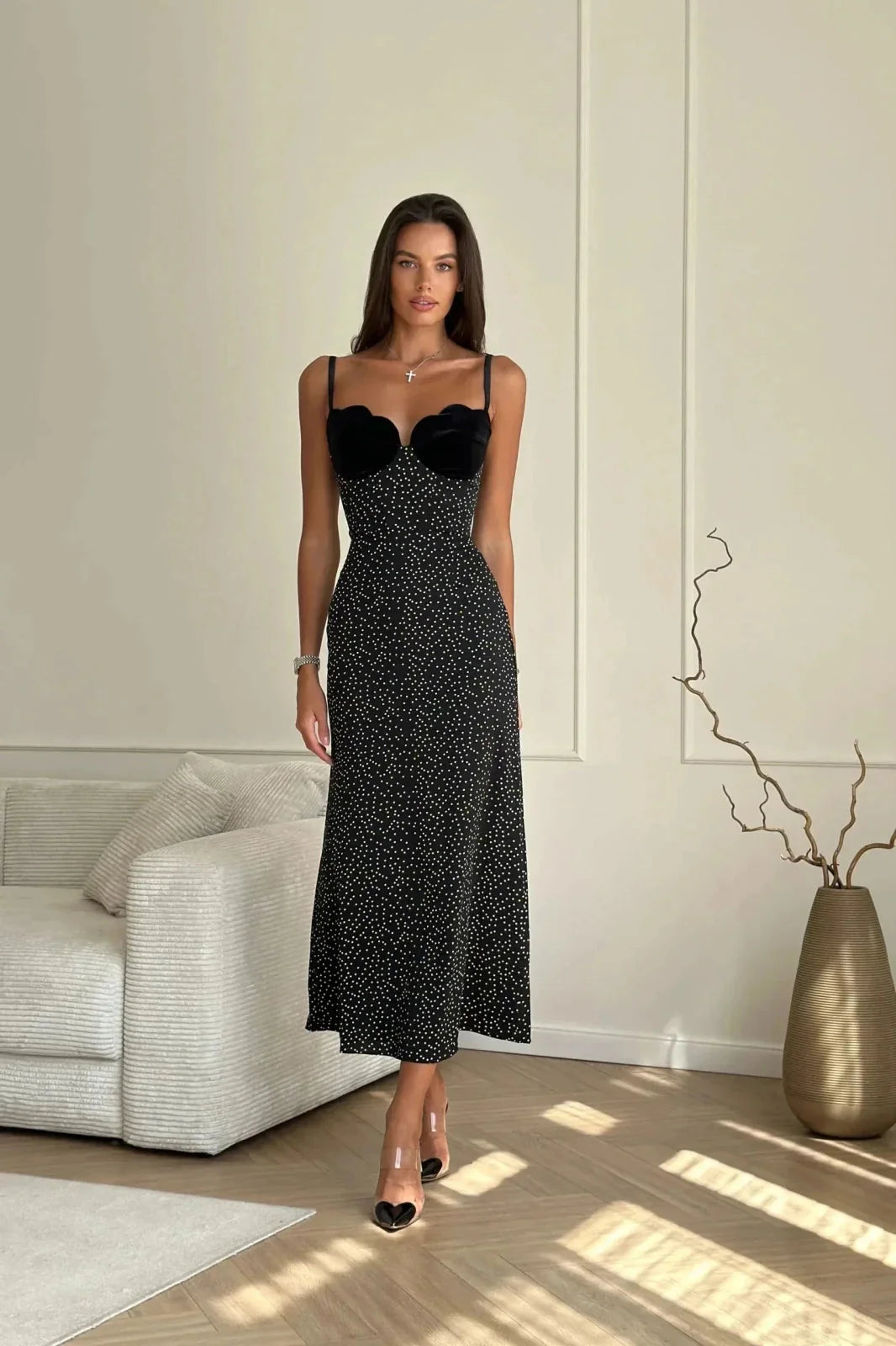 Black Women's Polka Sweetheart Midi Dress — Tilly Strapless Bodycon Evening - Front Pose