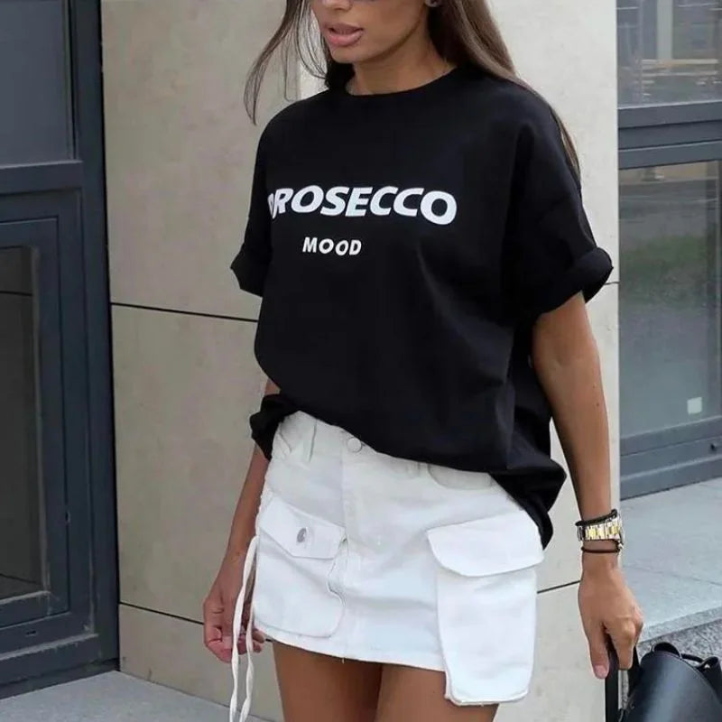 Black Women's Prosecco Graphic T-Shirt — Sonia Cotton Crew Neck Casual - Studio Full