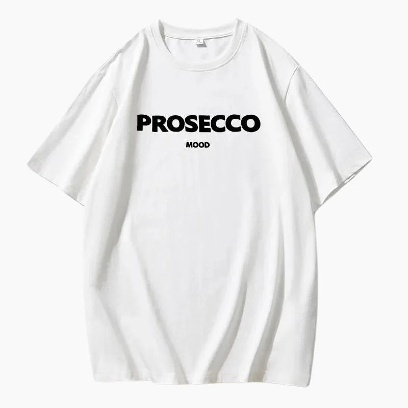 White Women's Prosecco Graphic T-Shirt — Sonia Cotton Crew Neck Casual - Flat