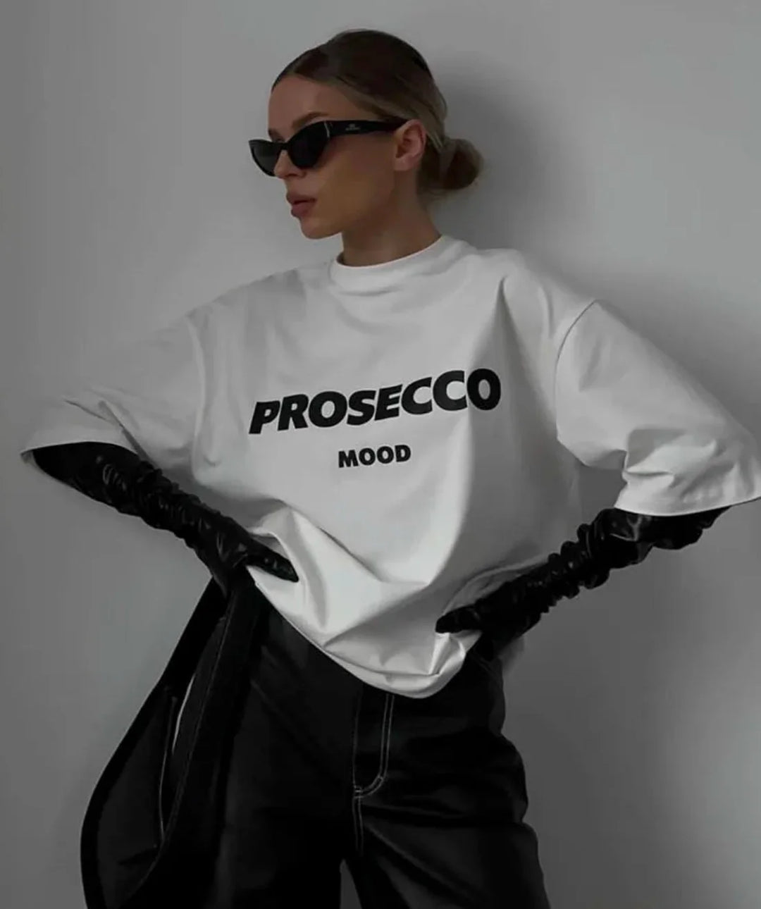 White Women's Prosecco Graphic T-Shirt — Sonia Cotton Crew Neck Casual - Front Full