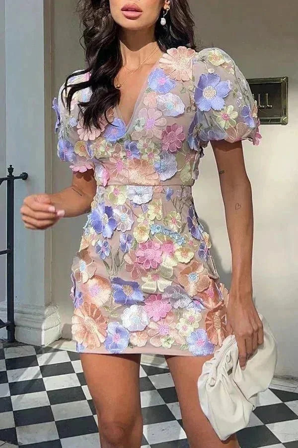 Multicolor Women's Floral Puff Sleeve V-Neck Evening Dress — Jolie Sheer Mesh Mini - Front Full