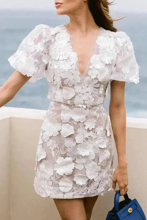 White Women's Floral Puff Sleeve V-Neck Evening Dress — Jolie Sheer Mesh Mini - Beach Outdoor