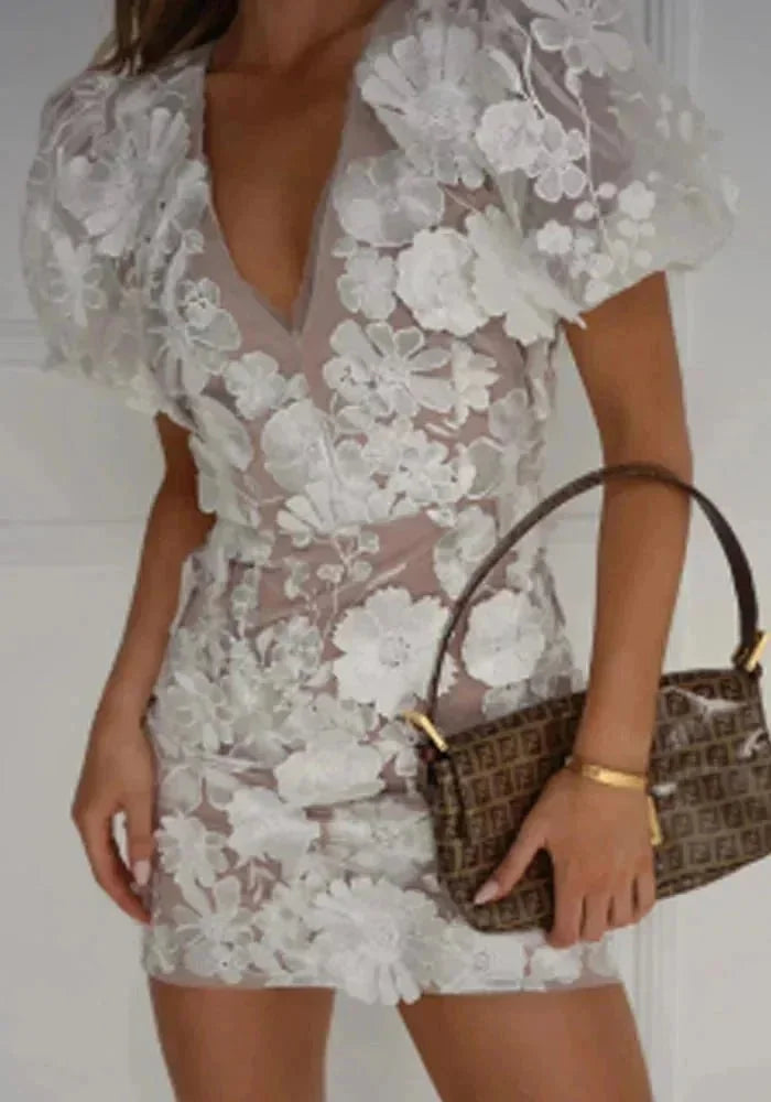 White Women's Floral Puff Sleeve V-Neck Evening Dress — Jolie Sheer Mesh Mini - Handbag Styled