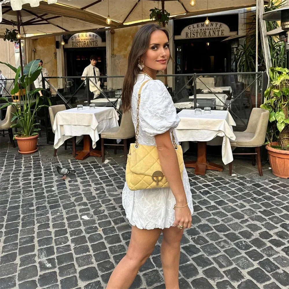 Mia | Elegant White Puff Sleeve V - Neck Mini Dress - White - 5
