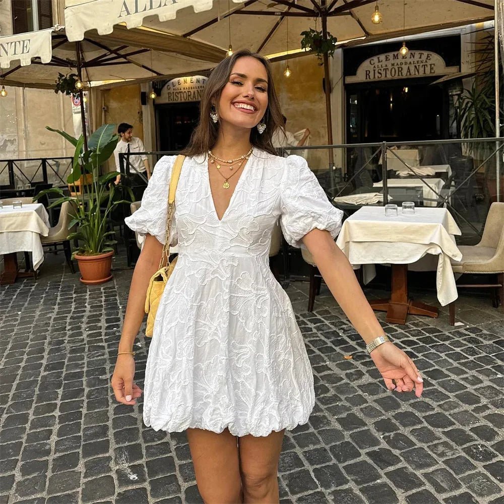 Mia | Elegant White Puff Sleeve V - Neck Mini Dress - White - 2